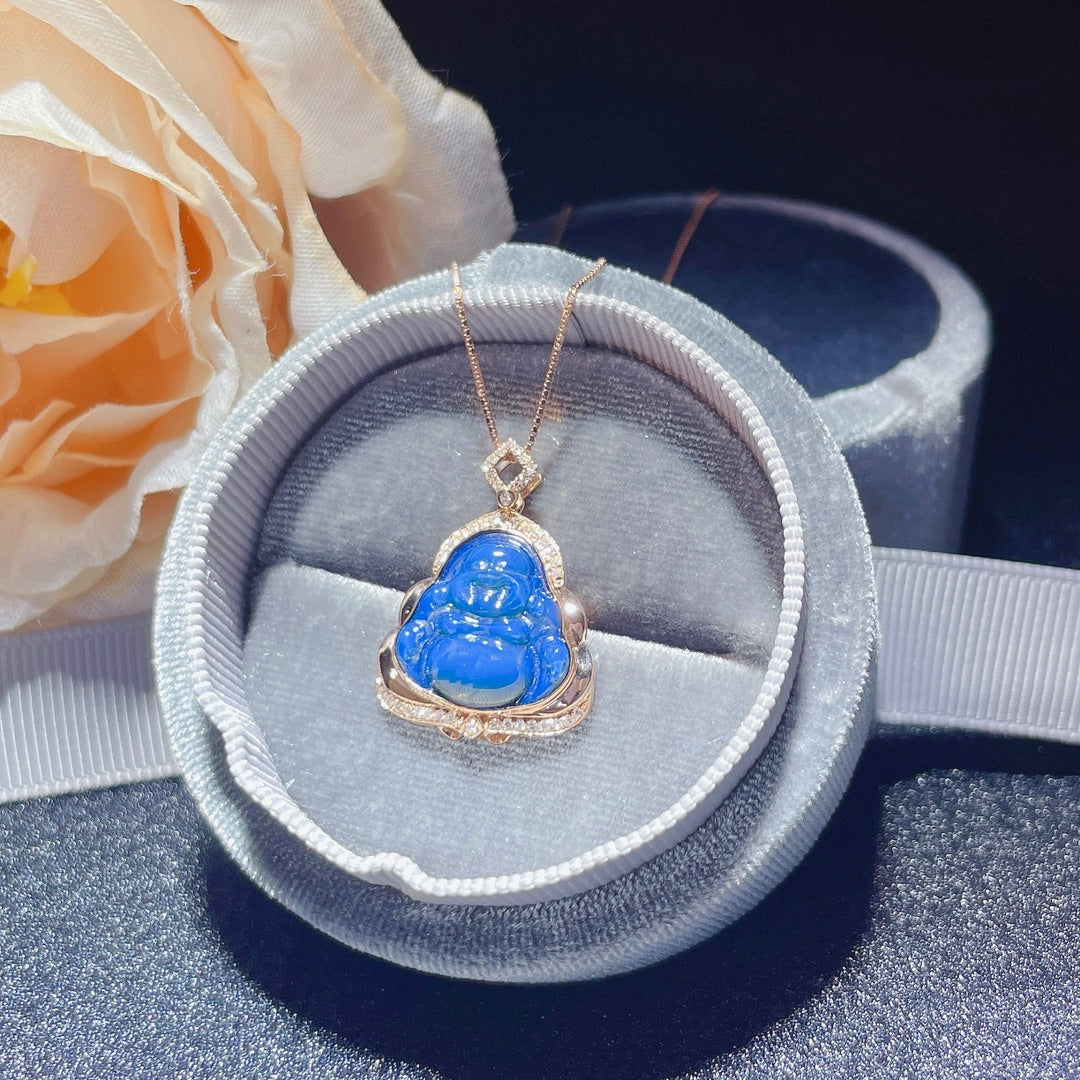 Neu eingetroffen: „Buddha“-Anhänger aus 18-karätigem Gold mit eingebettetem dominikanischen blauen Bernstein – exquisiter Schmuck