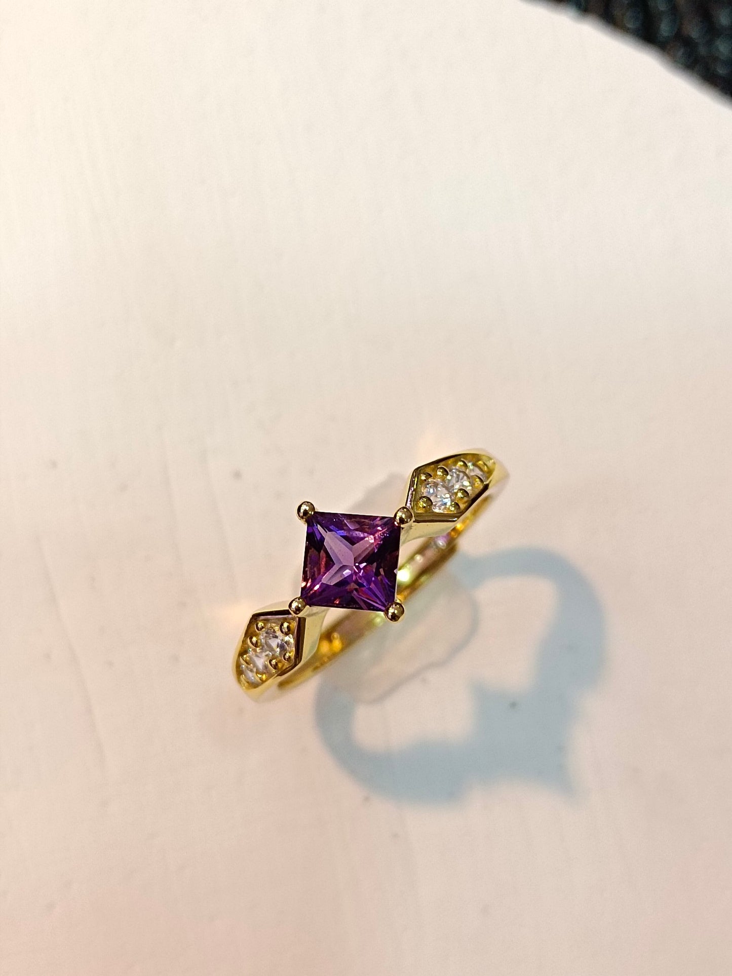 Elegant S925 Sterling Silver Purple Crystal Square Ring with 18K Gold Technique