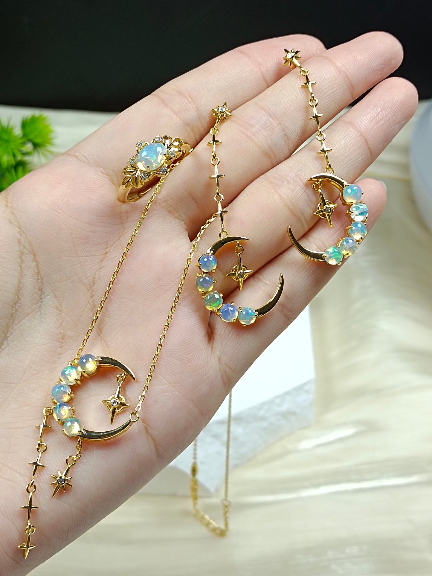 S925 Sterling Silver Opal Star & Moon Jewelry Set with 18K Technology