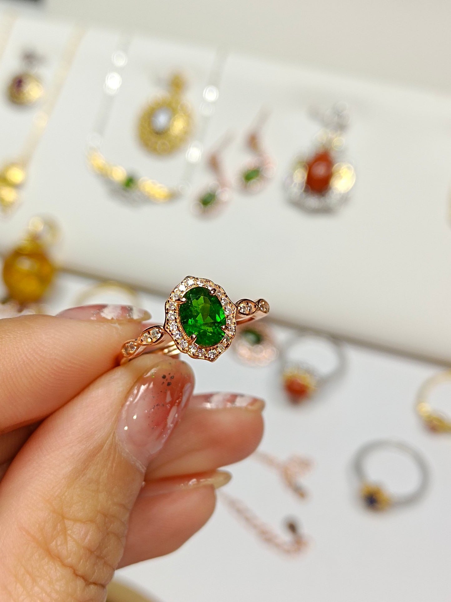 Cincin Diopside Tertanam Perak S925 - Perhiasan yang Dapat Disesuaikan