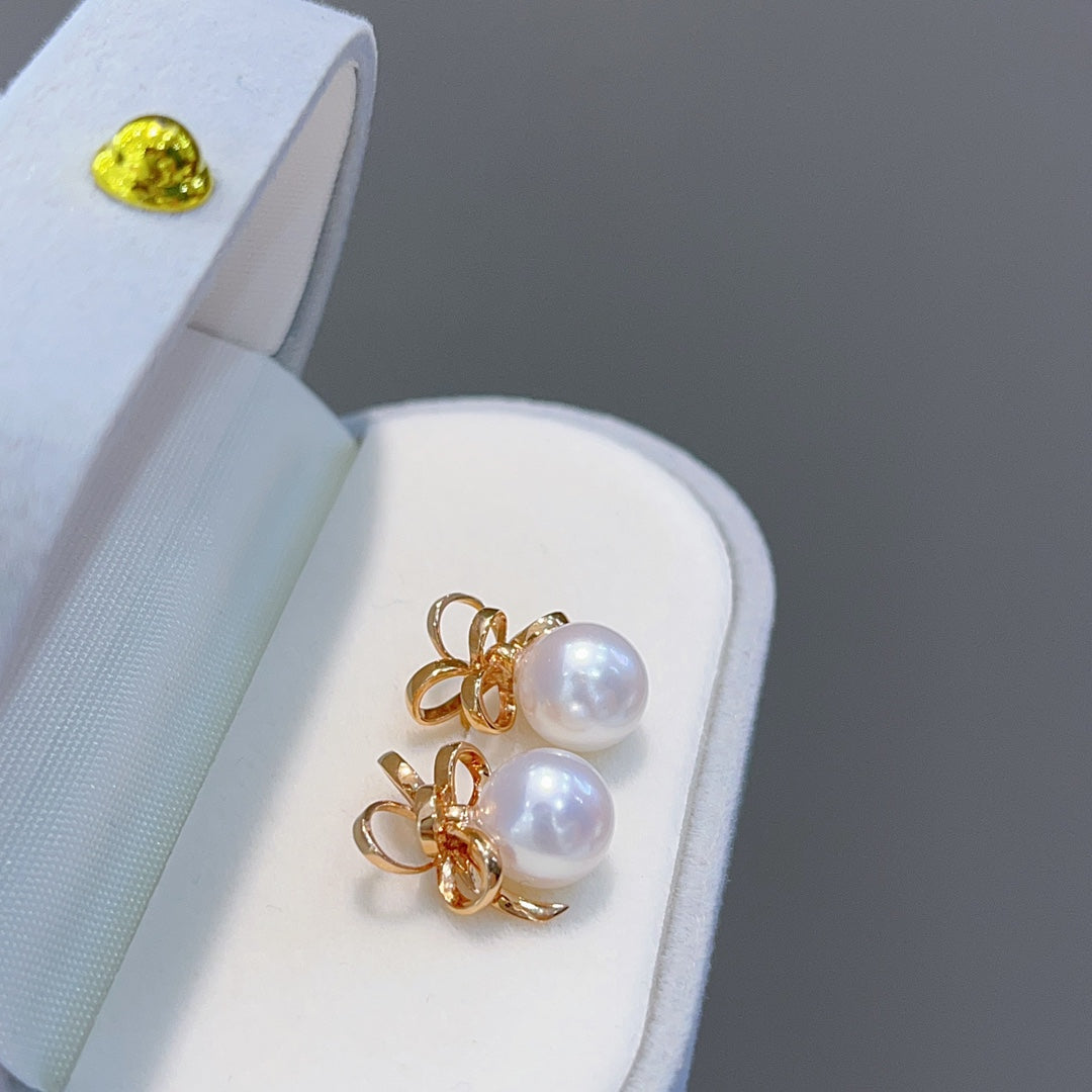 8-8.5mm Japanese Akoya Pearl Earrings in 18K Rose Gold with Silk Ribbon Bow Design - Jewelry