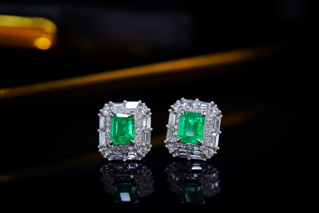 Panjshir Emerald Stud Earrings with Diamond Halo - Classic and Versatile Jewelry