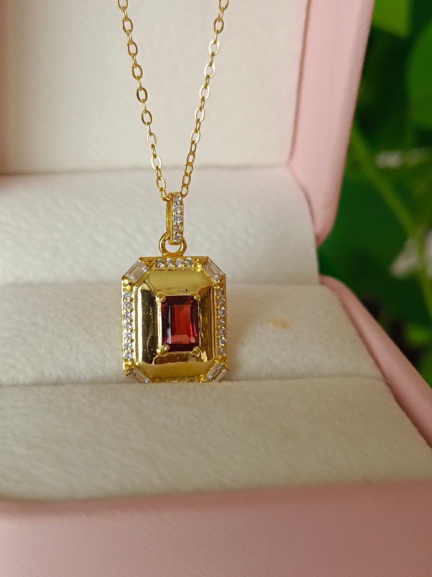 Geometric Square Pendant: S925 Silver Embedded with Garnet - Luxury Minimalist Jewelry