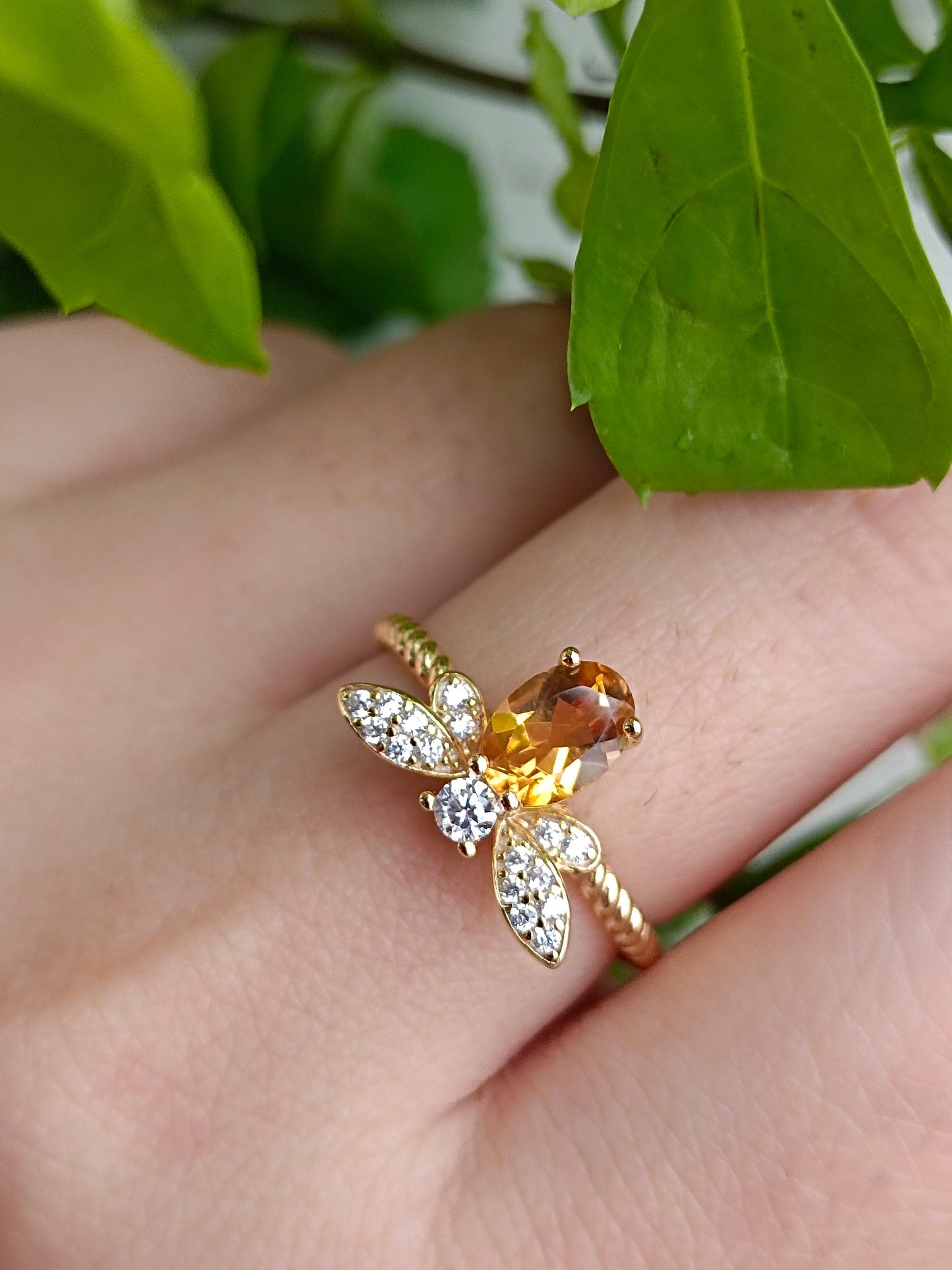 Vibrant Yellow Crystal Bee Ring - Unique Jewelry Piece