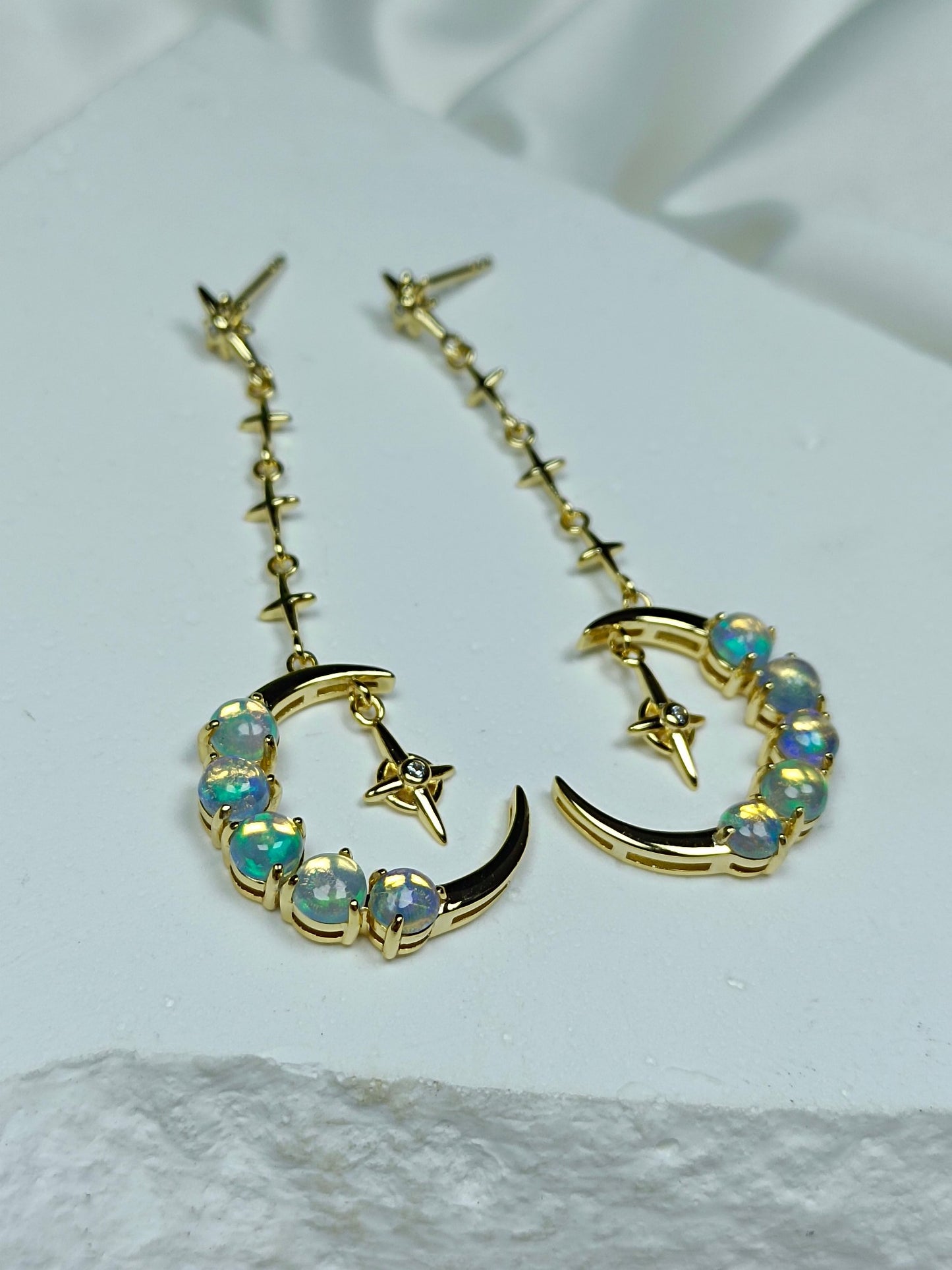 S925 Silver Exquisite Opal Crescent Moon & Star Earrings - Jewelry