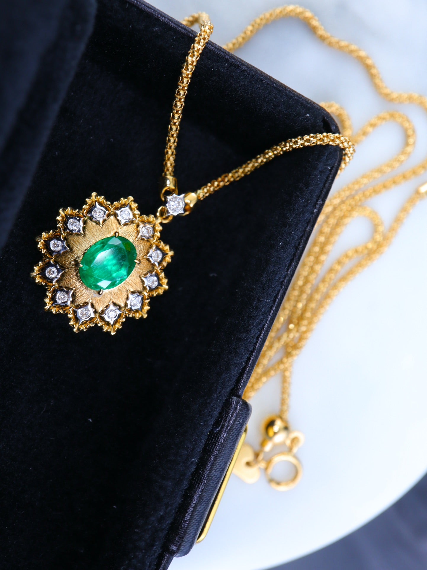 Italian Elegance Jewelry Collection: Buccellati-inspired Crafted Gold Necklace with Ruby and Emerald Pendants