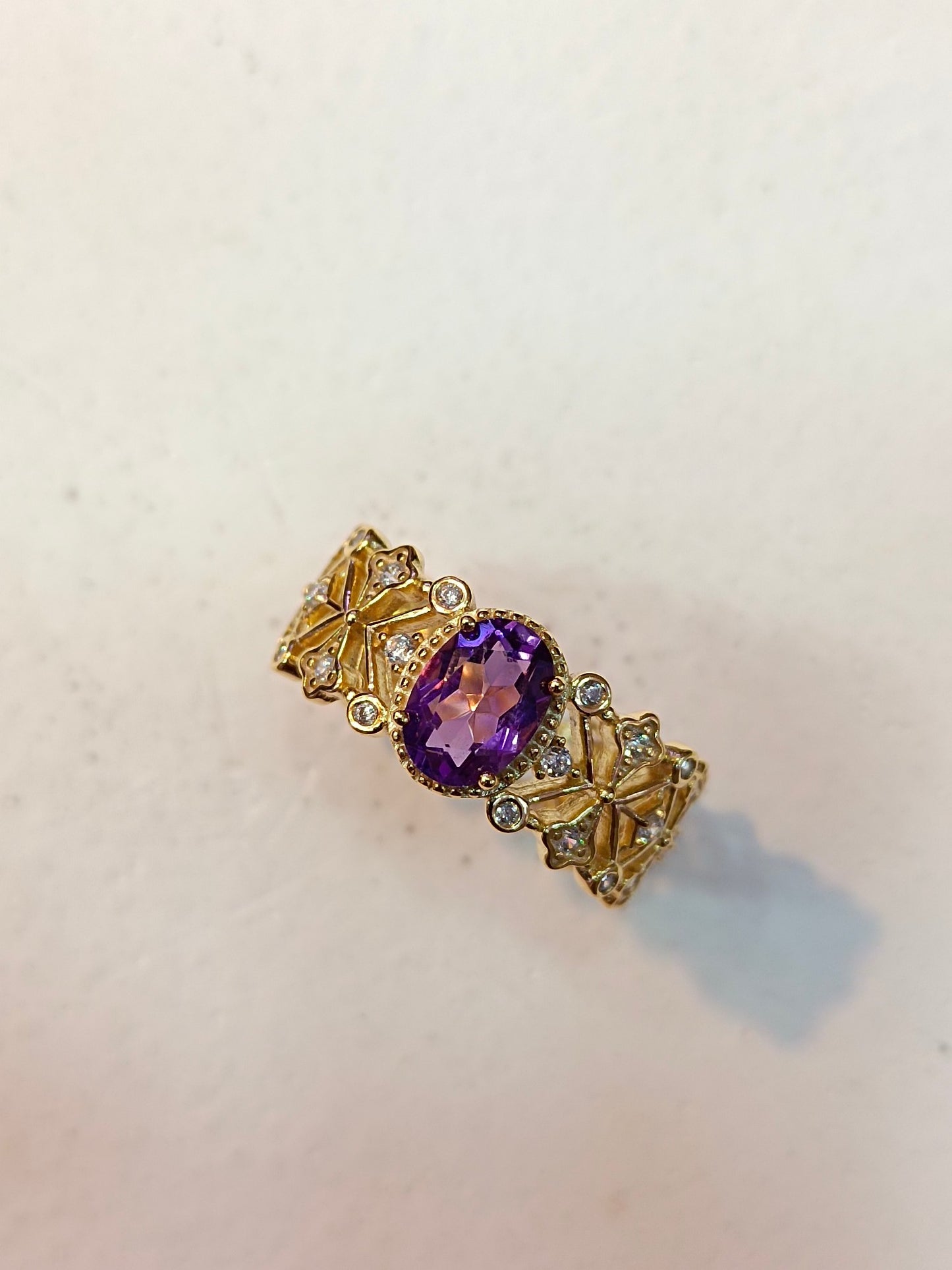 Cincin Perak S925 Sterling dengan Terbenam Amethyst Ungu & Teknik Emas 18K - Reka Bentuk Barang Kemas Unik