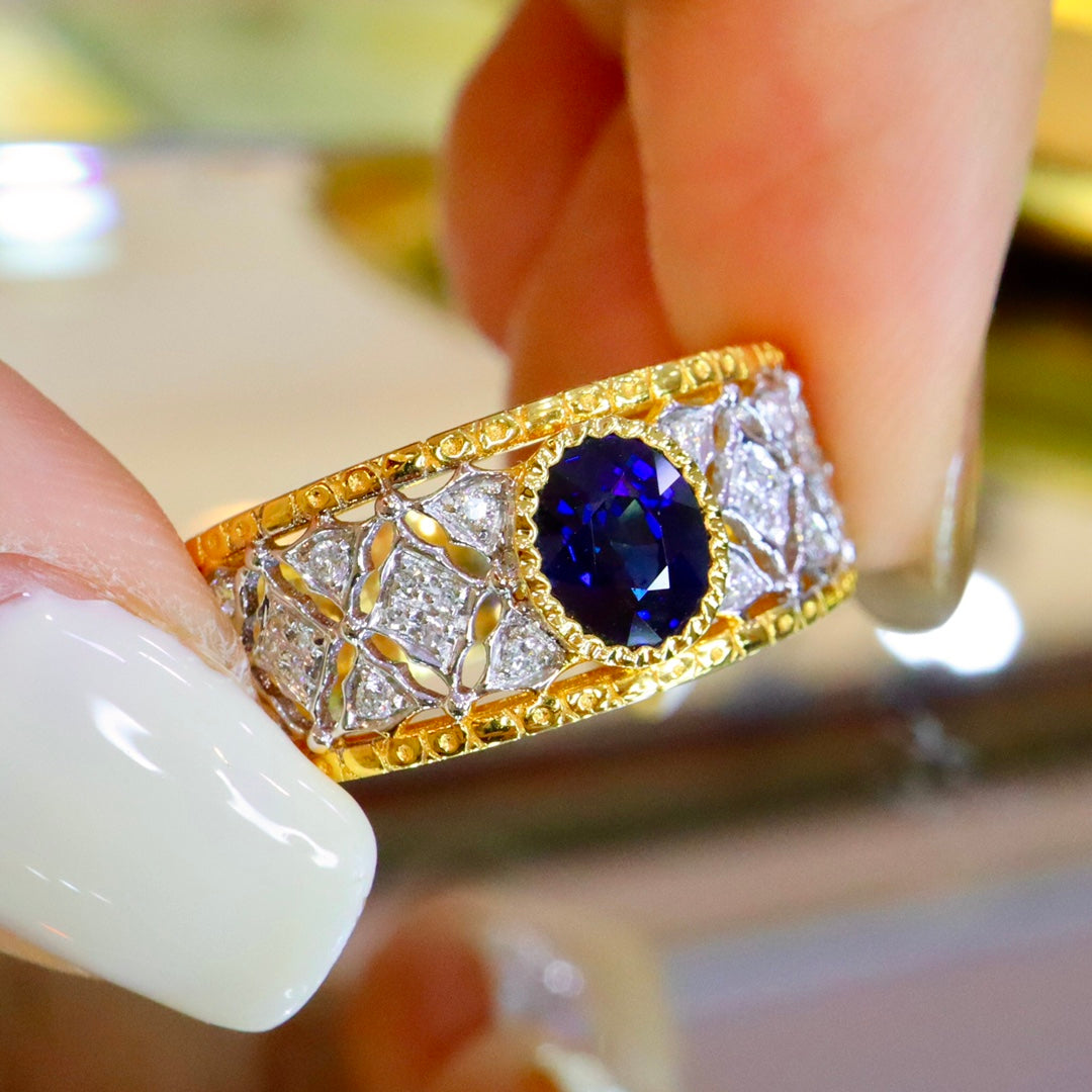 Bucherer-Style Vintage Jewelry: Unisex Royal Blue Sapphire Ring