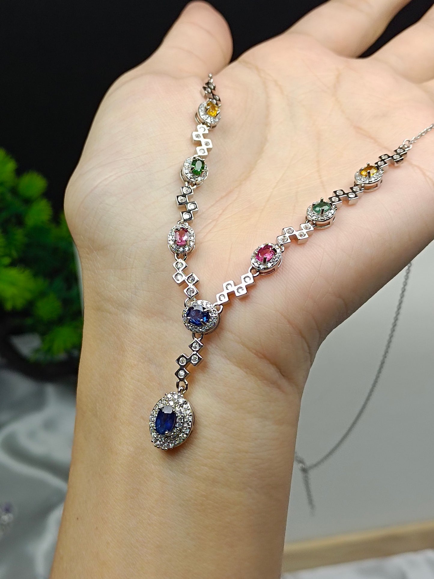 Luxurious S925 Silver Embedded Sapphire and Tourmaline Necklace Jewelry