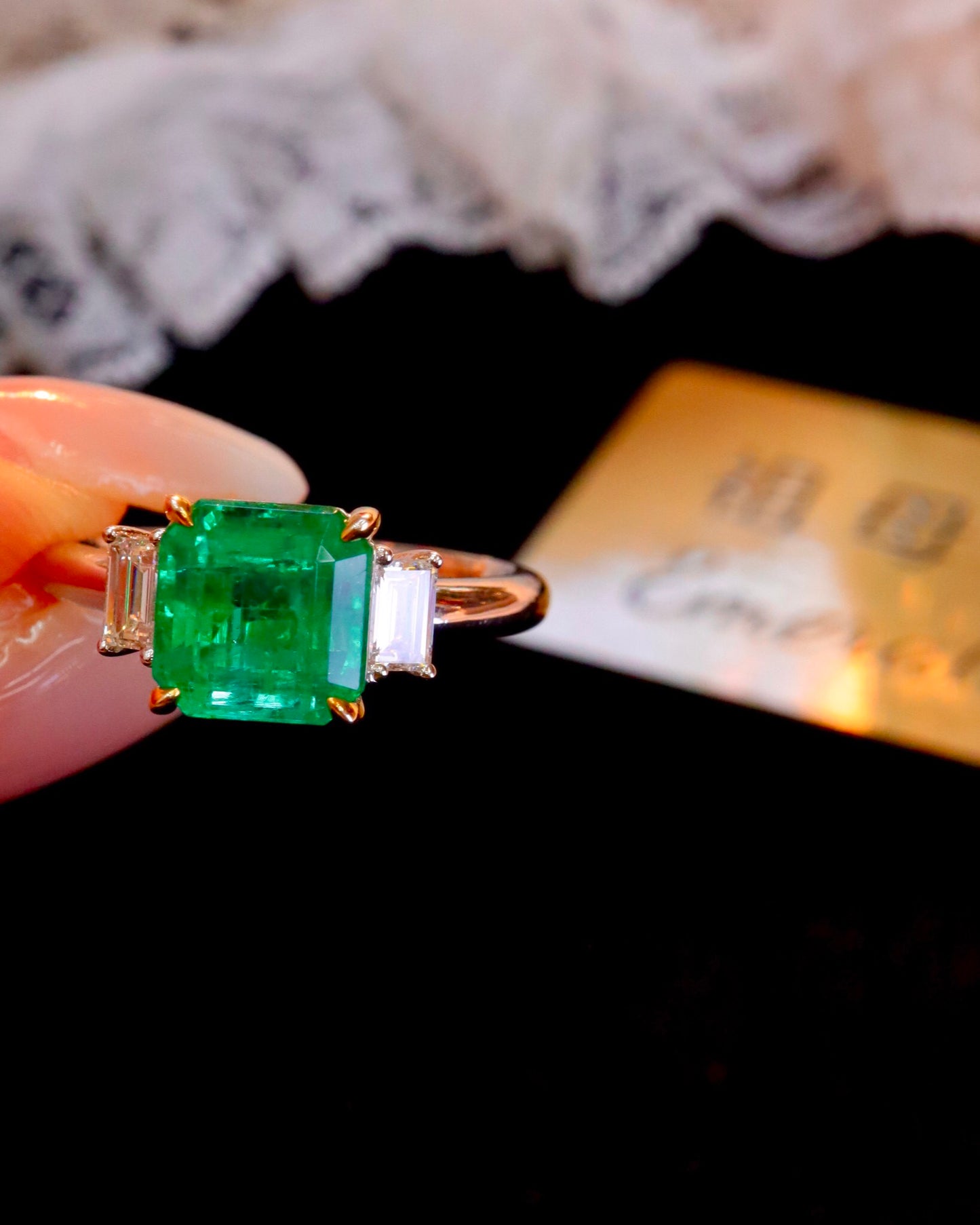 Timeless Elegance: Three-Stone Natural Emerald Ring in 18K Gold and Diamond