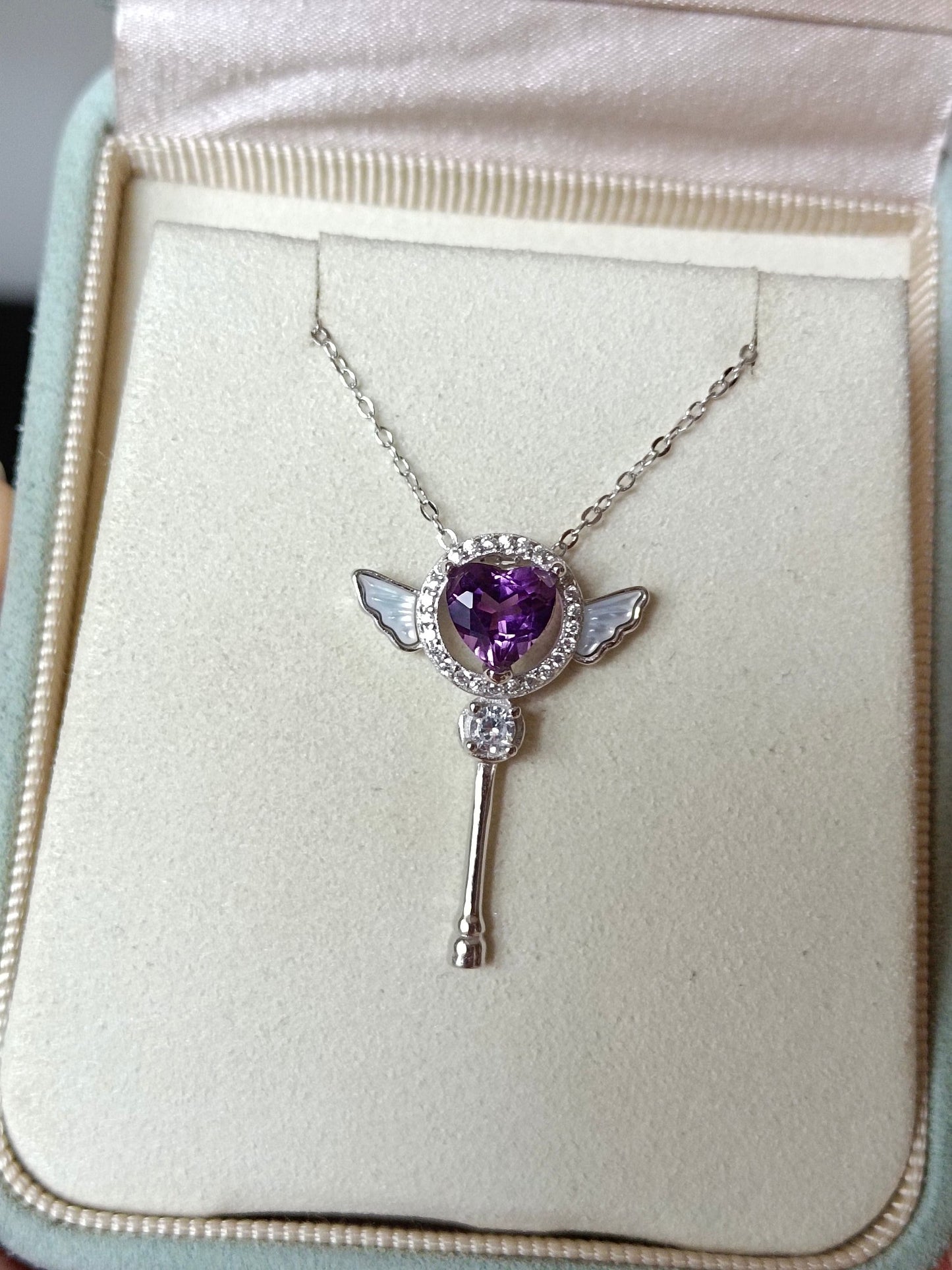 Elegant and Whimsical Natural Purple Crystal Heart Wand Pendant Jewelry