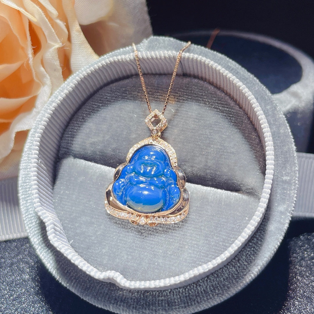 Neu eingetroffen: „Buddha“-Anhänger aus 18-karätigem Gold mit eingebettetem dominikanischen blauen Bernstein – exquisiter Schmuck