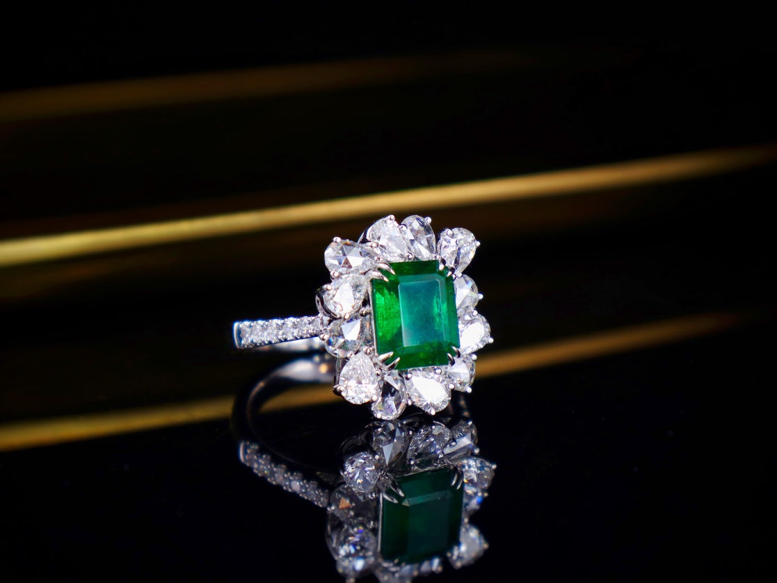 Emerald Jewelry - Verdant 1.95ct Watton Green Ring with Sparkling Rose-Cut Diamonds