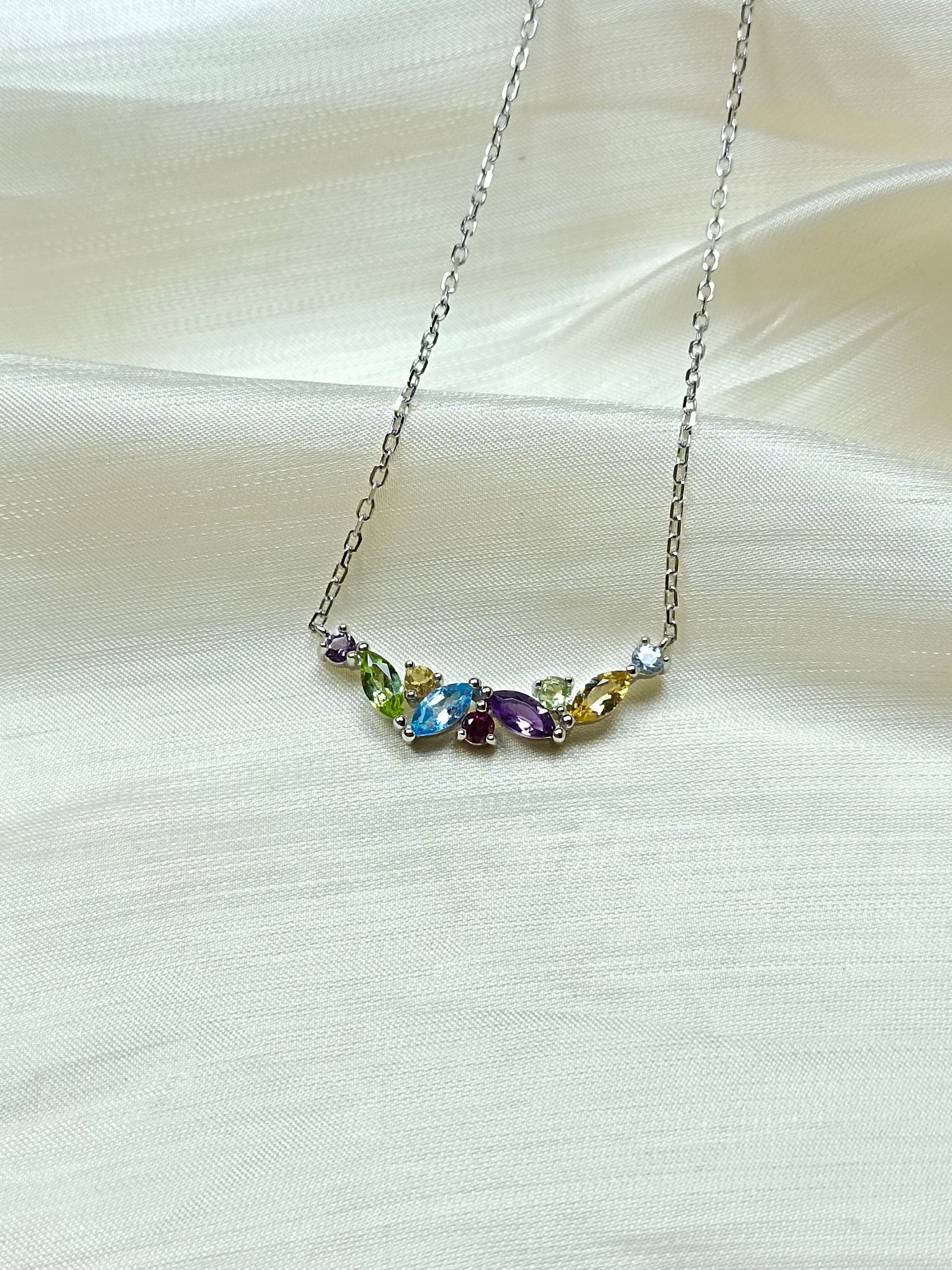 S925 Sterling Silver Rainbow Multi-Gemstone Necklace with 18K Gold Embedding - Exquisite Jewelry