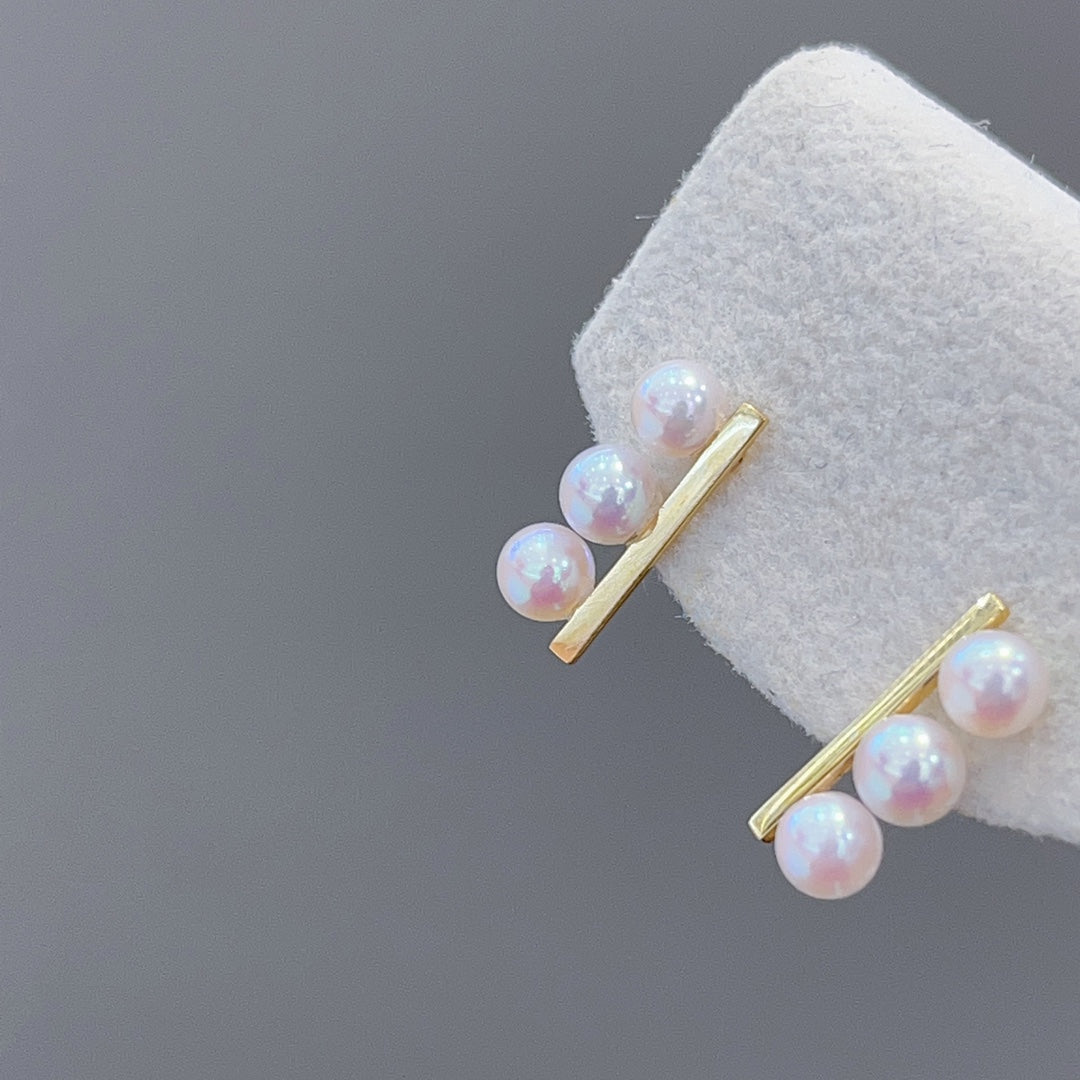 Eve-inspired Jewelry: 18K Gold Single Row Three-Pearl Earrings