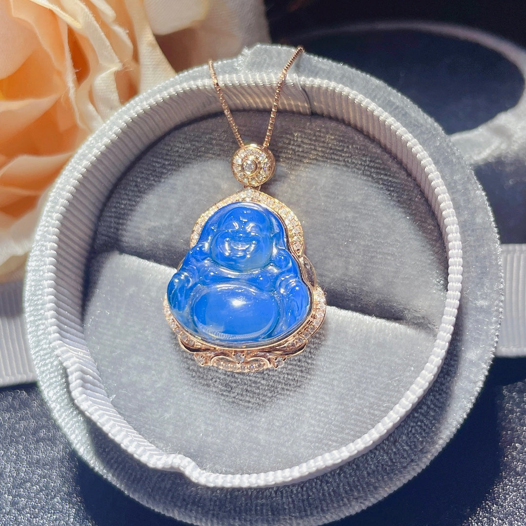 Neu eingetroffen: „Buddha“-Anhänger aus 18-karätigem Gold mit eingebettetem dominikanischen blauen Bernstein – Schmuck