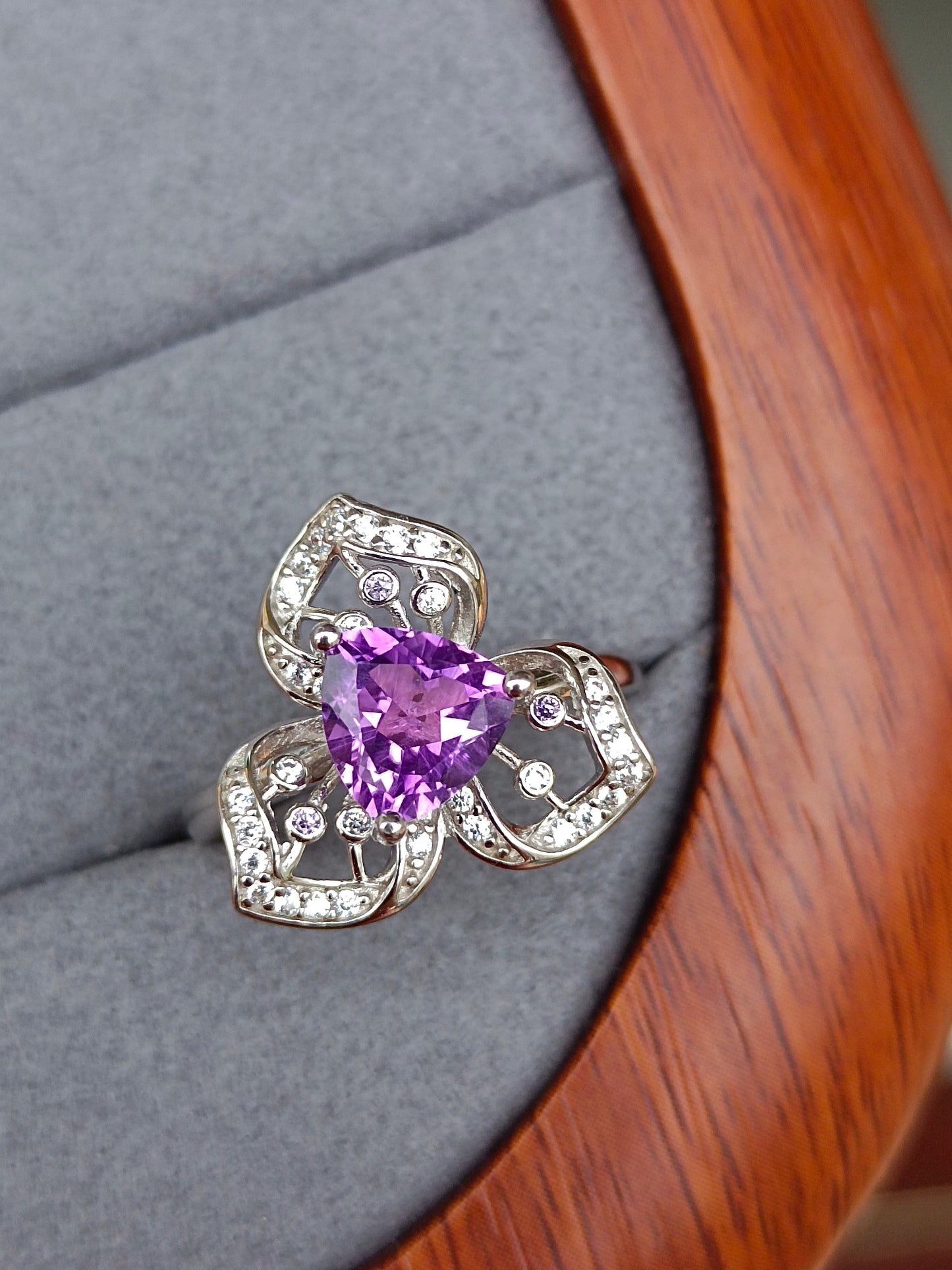 Elegant Natural Purple Crystal Ring with Orchid Design - Unique Jewelry