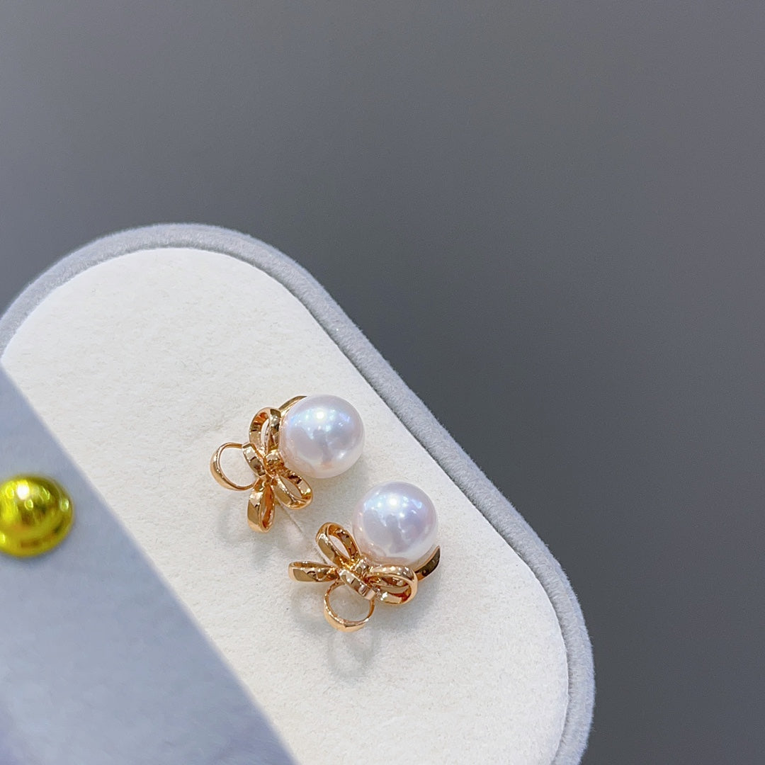 8-8.5mm Japanese Akoya Pearl Earrings in 18K Rose Gold with Silk Ribbon Bow Design - Jewelry