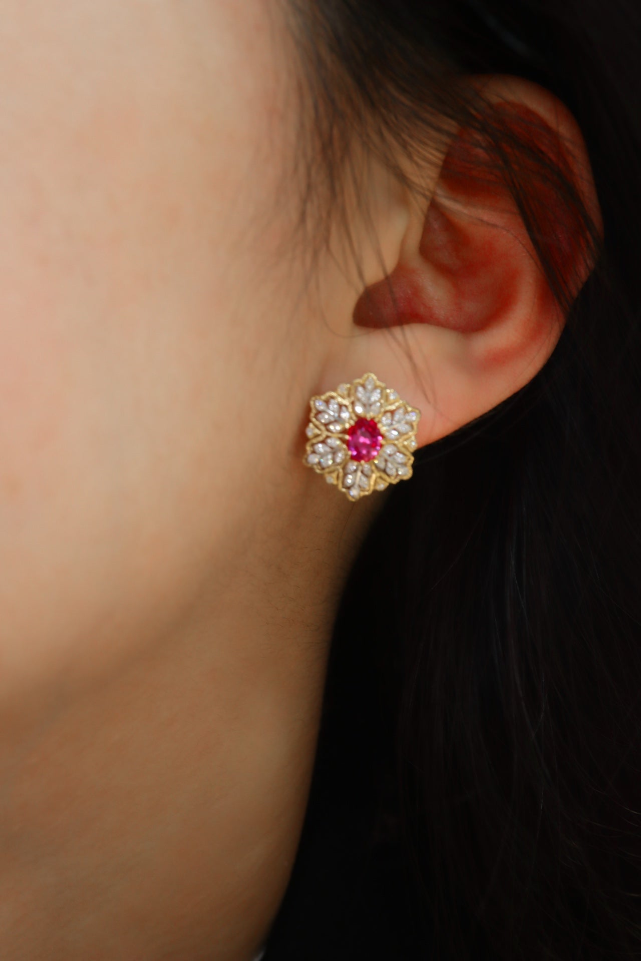 Winter Elegance: Pigeon's Blood Ruby & Diamond Ear Clips Jewelry