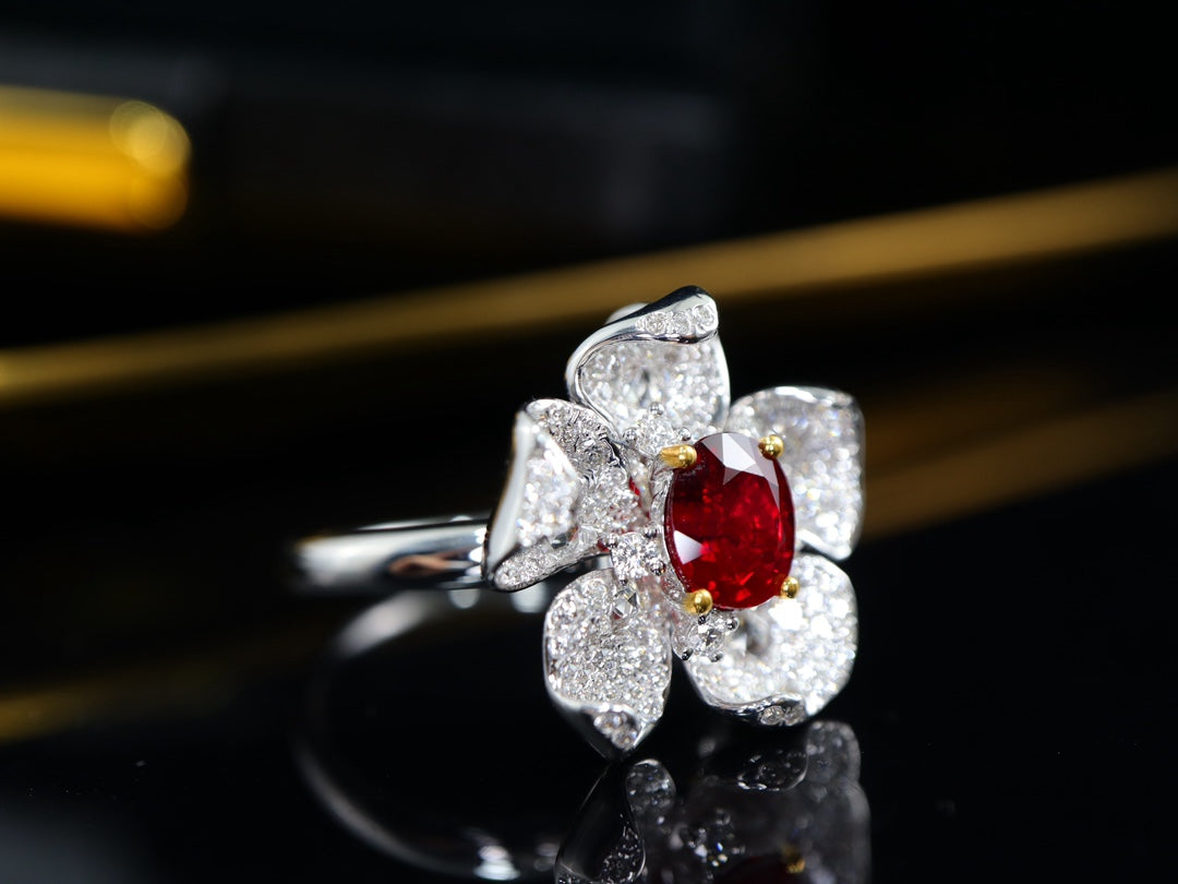 Pigeon's Blood Ruby Pendant/Ring Dual-Use Jewelry - Floral Design with Full Diamonds