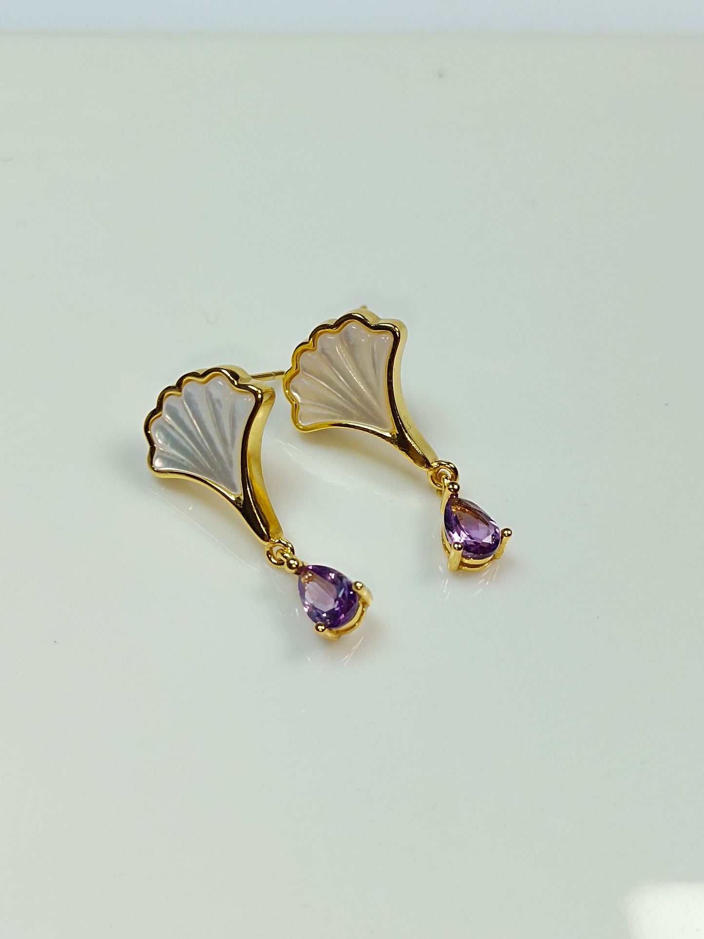 S925 Silver Embedded White Shell Amethyst Earrings - Summer Light Luxury Elegant Jewelry