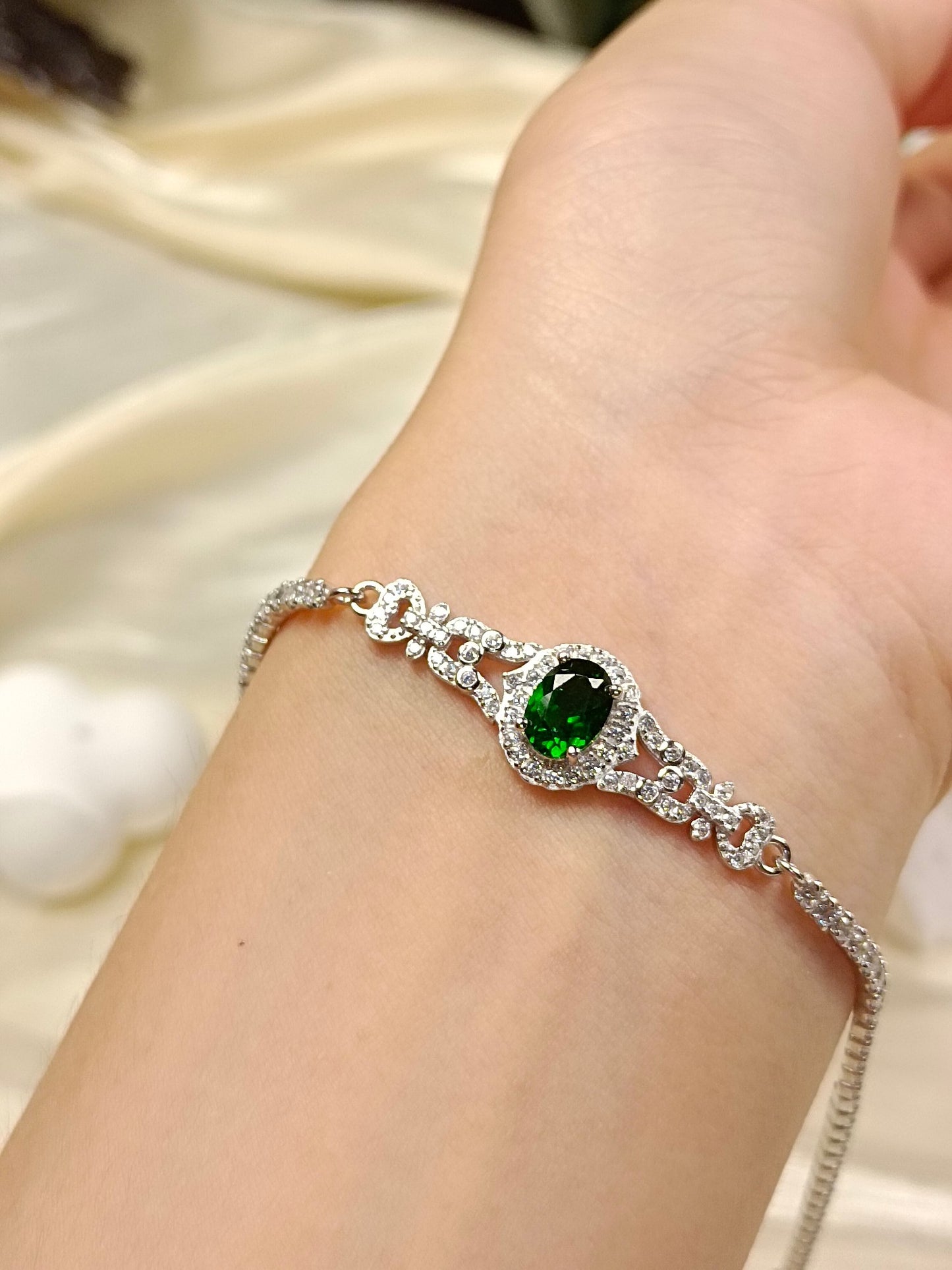 Bracciale Diopside incorporato S925 - Gioielli verdi unici