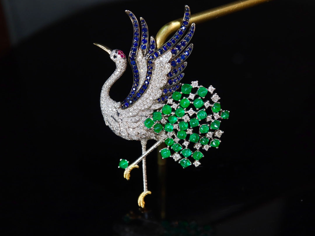 Emerald Green "Crane" Brooch/Pendant Dual-Use Jewelry