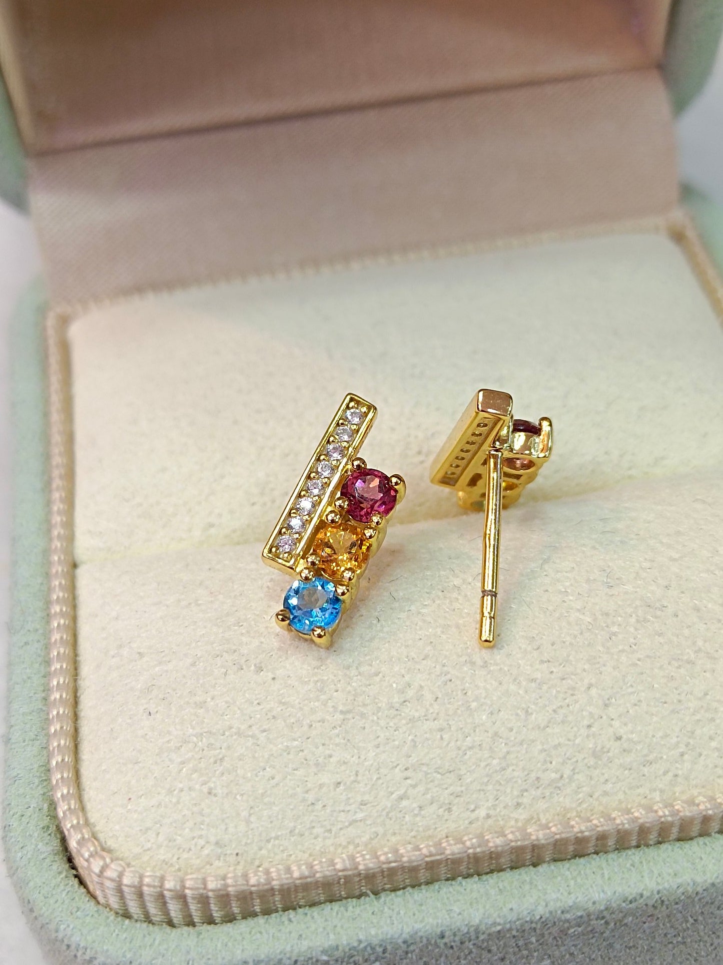 S925 Sterling Silver Delicate Gemstone Stud Earrings with Garnet, Citrine, and Topaz - Unique Korean Style Jewelry