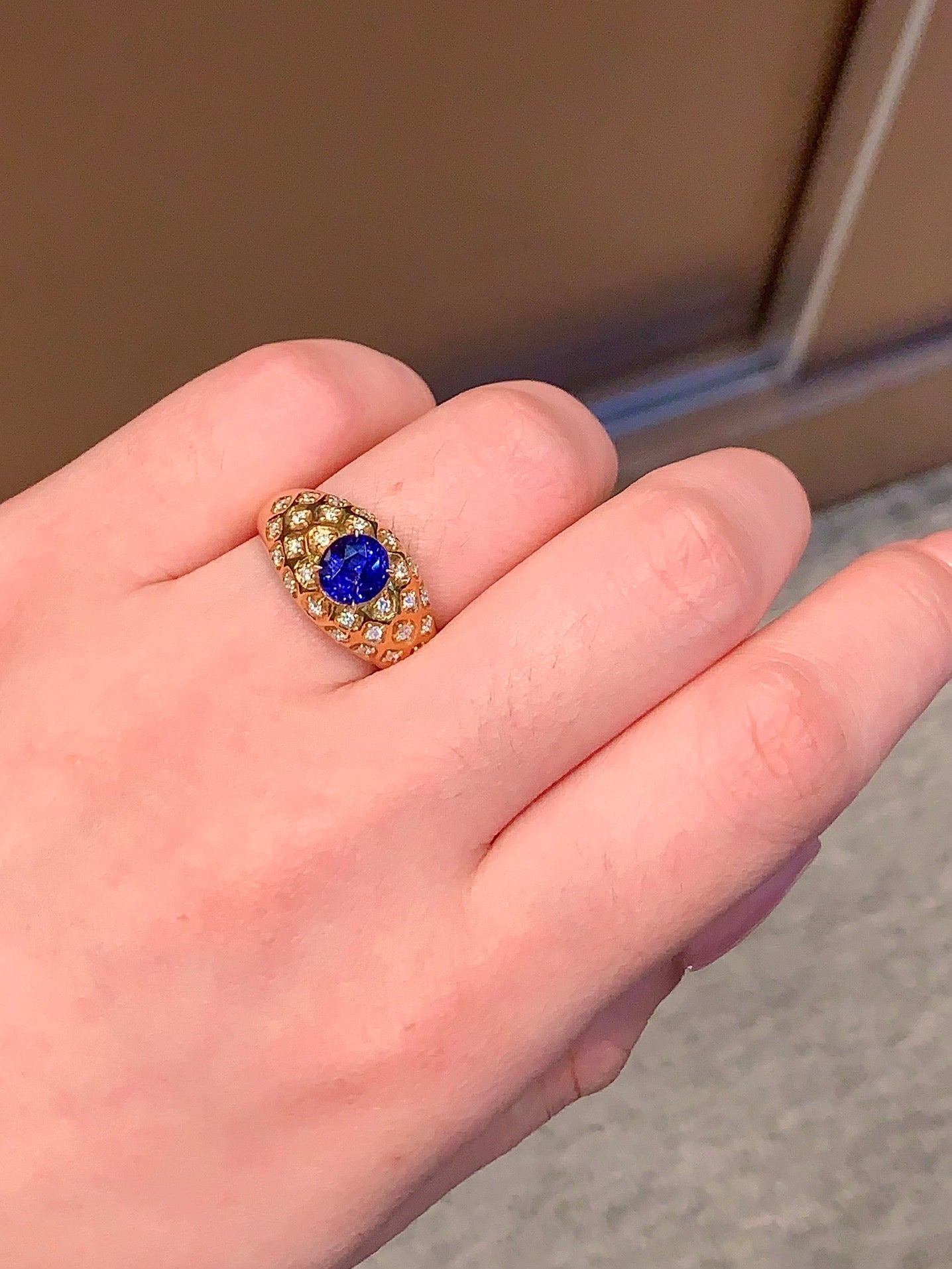 Vintage Style Wide Band Royal Blue Sapphire Ring with 18K Gold and Diamonds - Luxury Jewelry