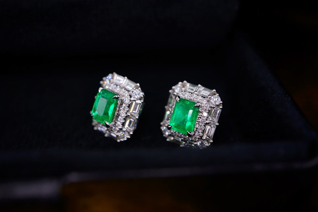 Panjshir Emerald Stud Earrings with Diamond Halo - Classic and Versatile Jewelry