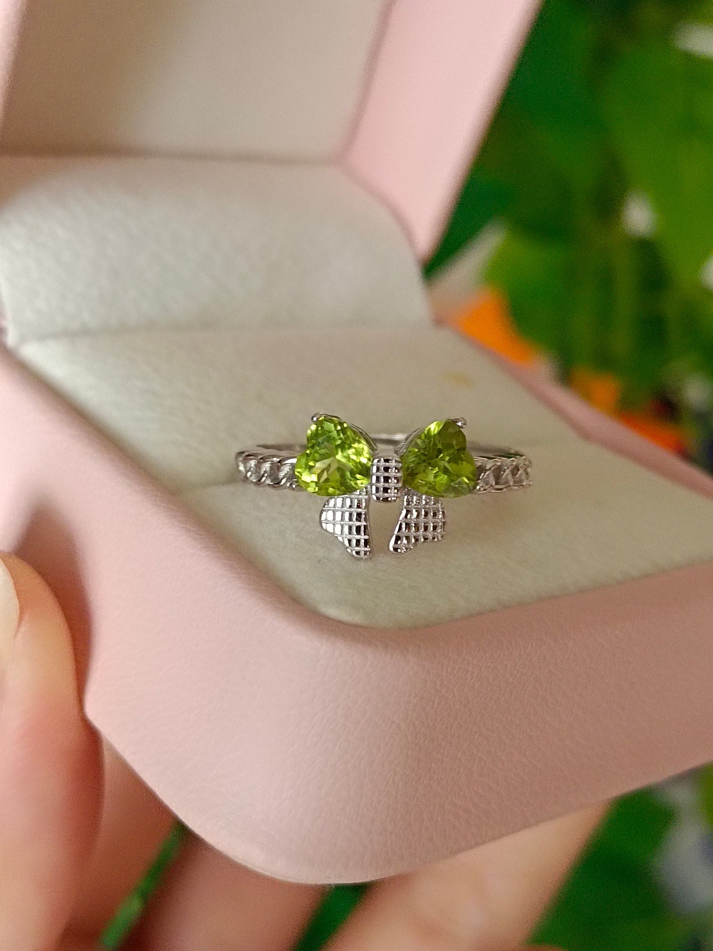 Natural Peridot Heart Bowknot Ring - Jewelry for Vibrant Summer to Autumn