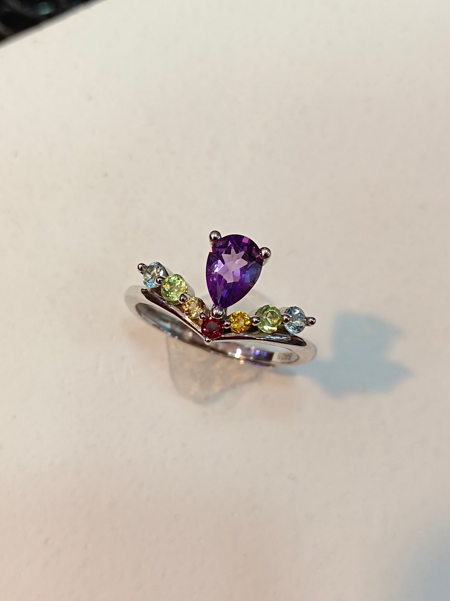 Elegant S925 Sterling Silver Ring with Amethyst & Multi-Gemstone Inlay