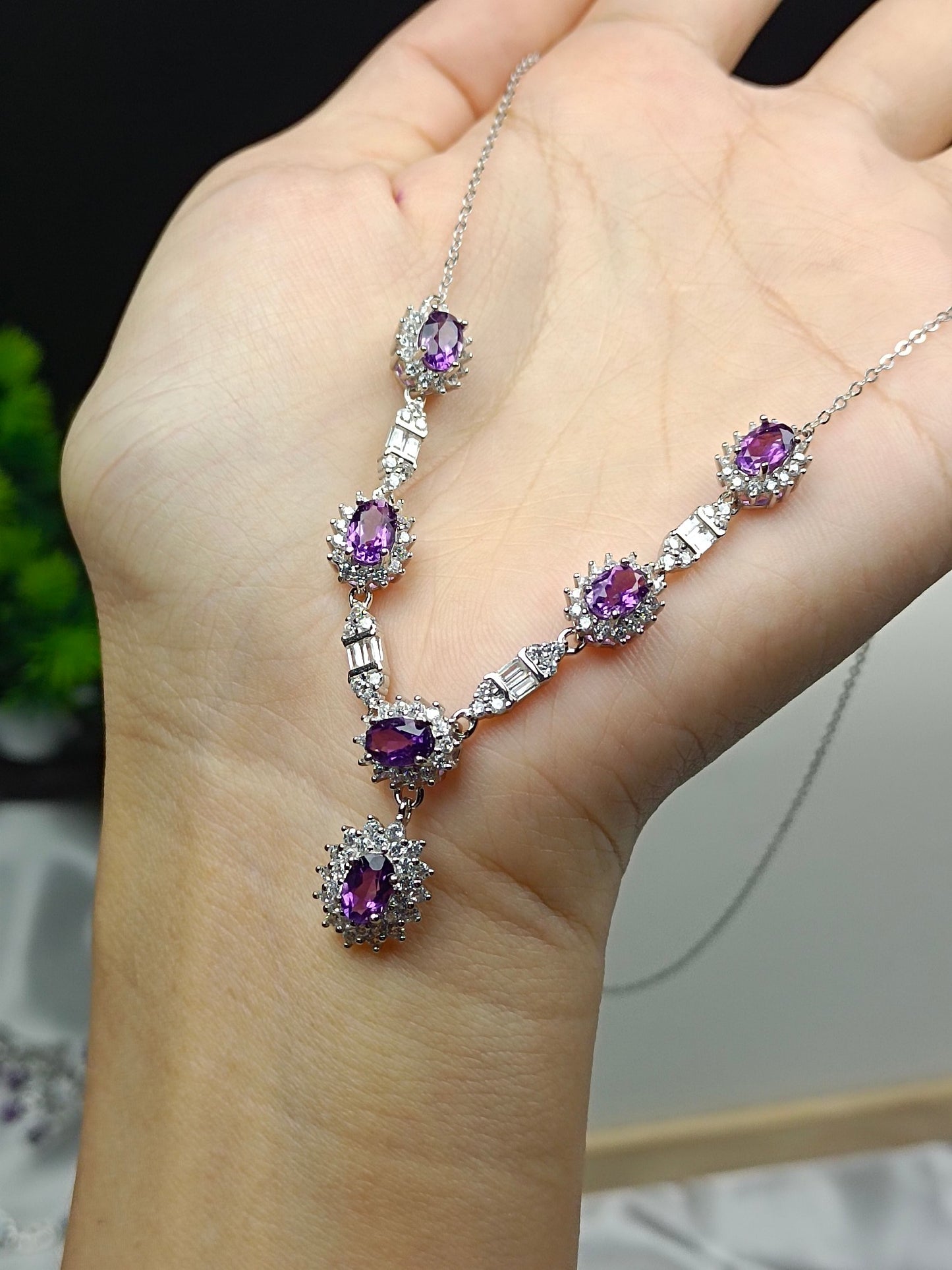 Luxurious S925 Silver Embedded Amethyst Necklace - Exquisite Jewelry