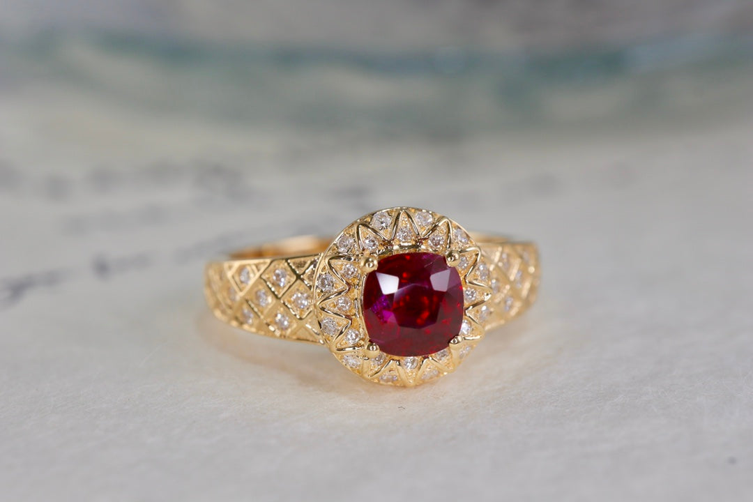 Pigeon Blood Red Ruby Ring with Full Diamond Pavé Setting - A Classical Charm