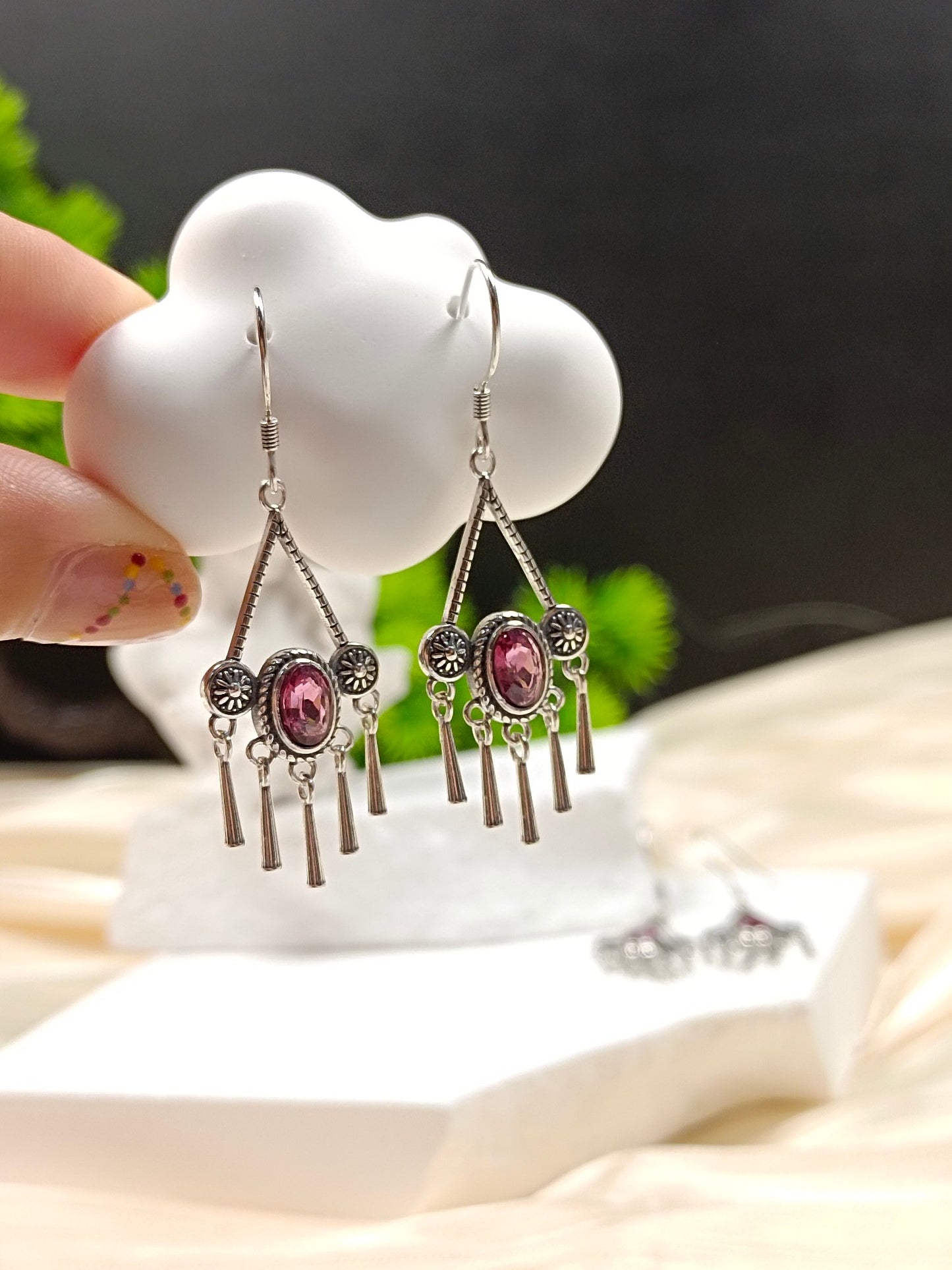 S925 Silver Embedded Purple Garnet Tassel Earrings with Vintage Charm