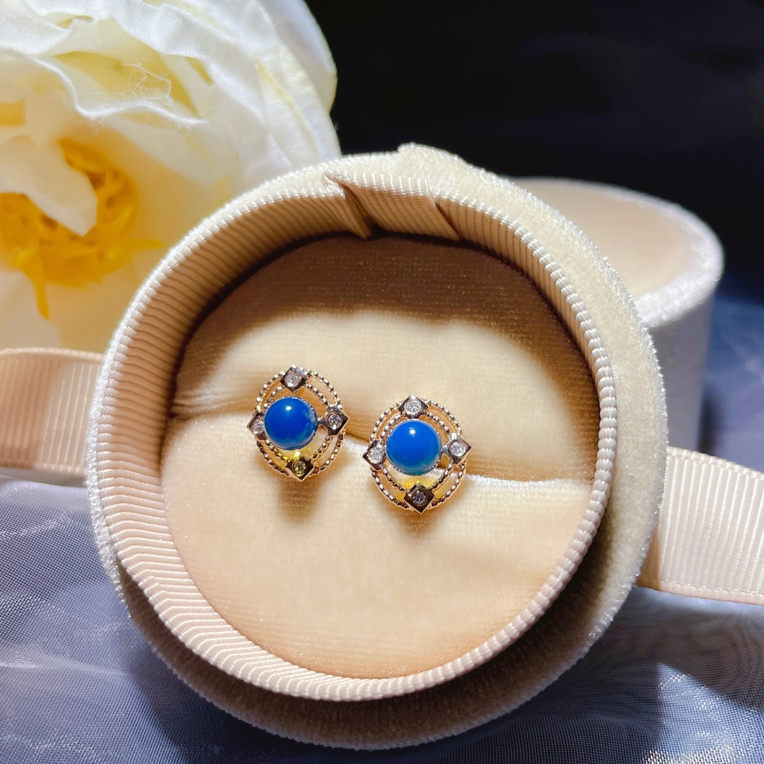 New Arrival - 18K Gold Embedded Dominican Blue Amber Earrings for the Serene and Sweet Lady