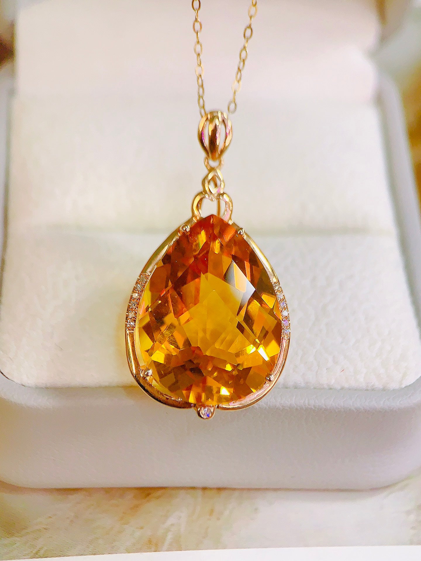 18K Gold Diamond-Embedded Yellow Citrine Pendant (Chain Not Included) - Exquisite Jewelry