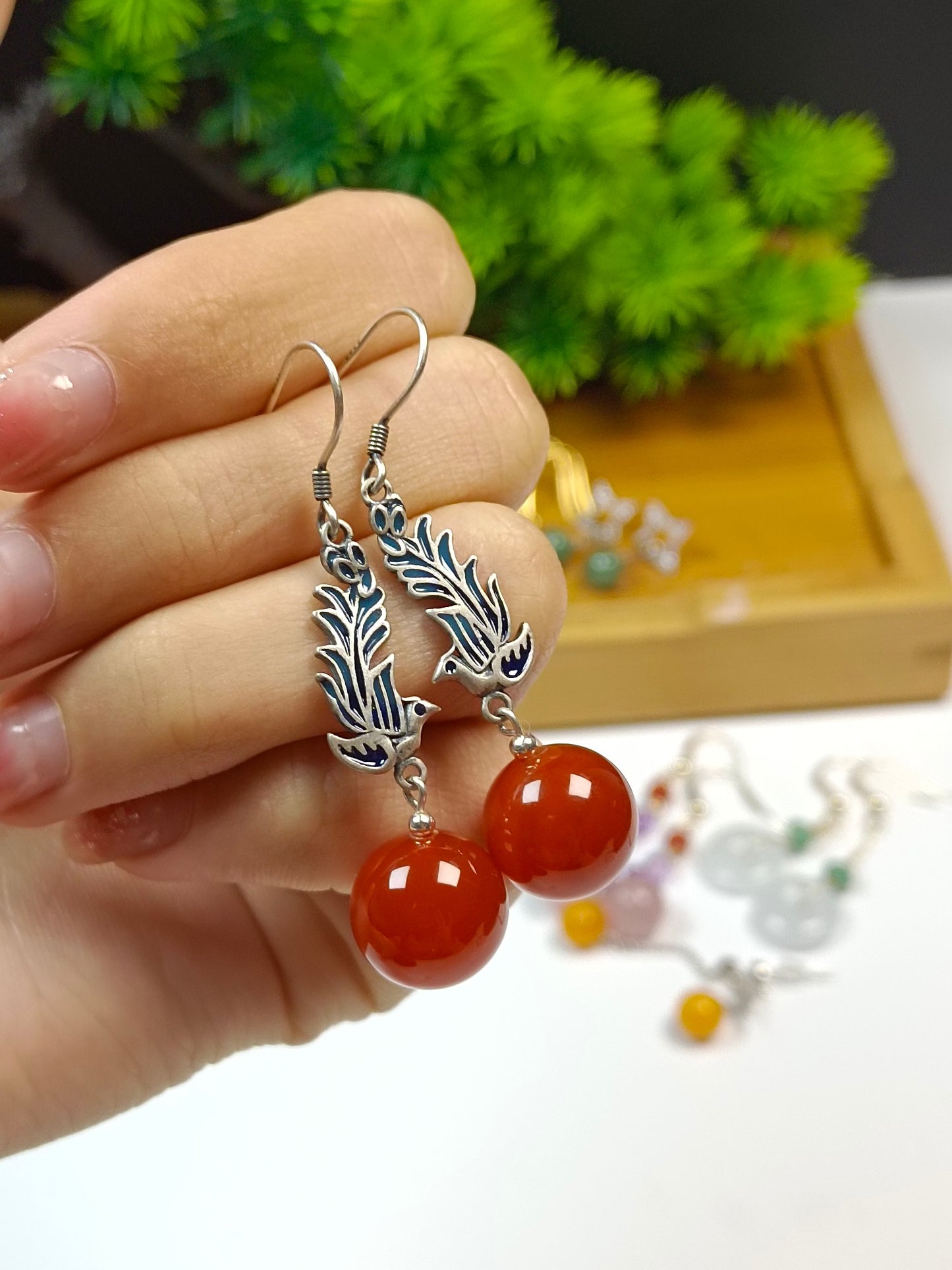 Original Design Chinese Style Antique S925 Silver "Phoenix Ascending" Cloisonné Red Agate Bead Earrings - Jewelry