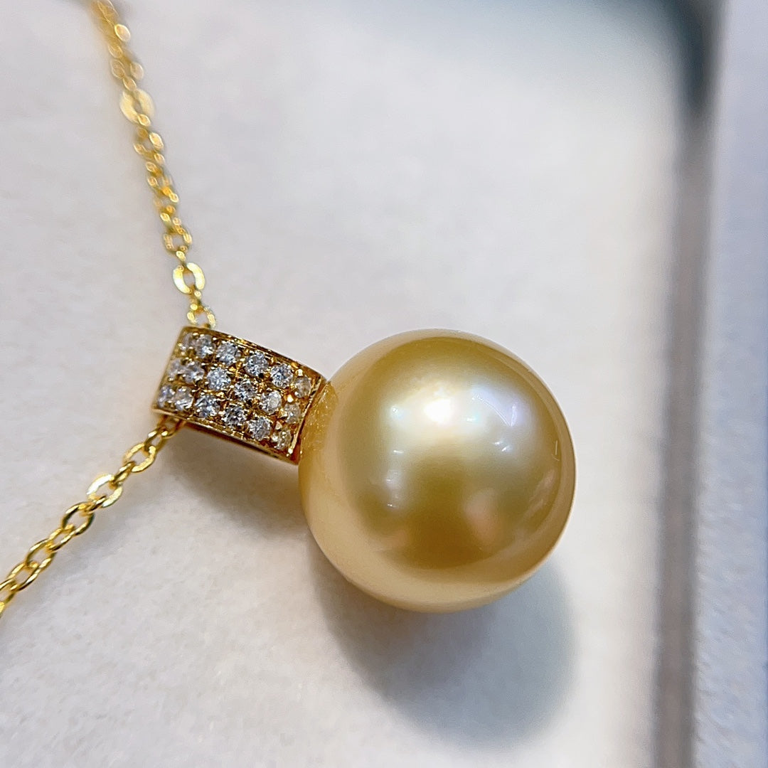 Luxury 18k Gold伴 Diamond 12.1mm Natural South Sea Golden Pearl Jewelry