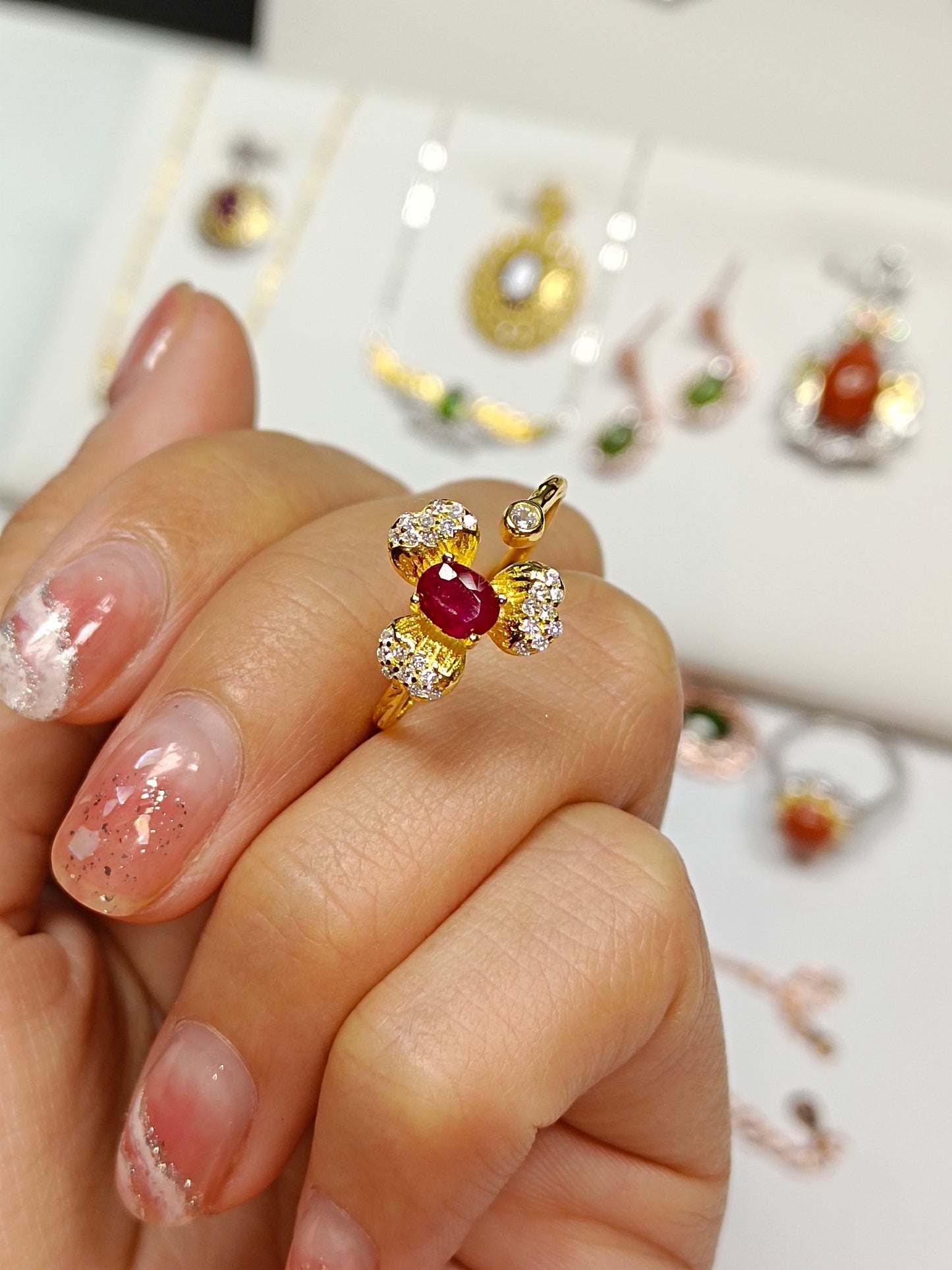 S925 Ruby Flower Adjustable Ring - Elegant Jewelry Piece