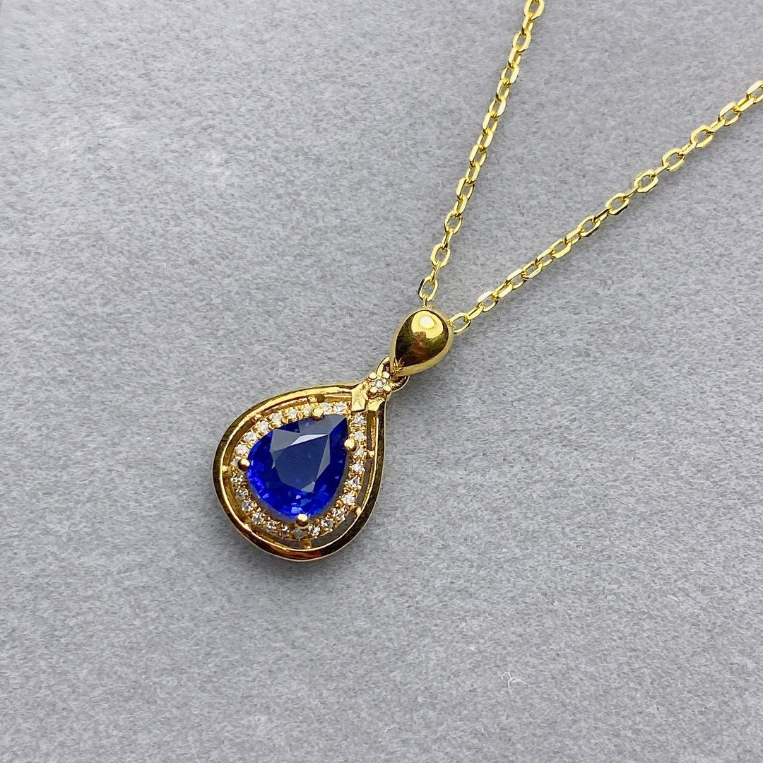 Elegant Natural Sapphire Pendant in 18K Gold with Diamond Accents - Jewelry