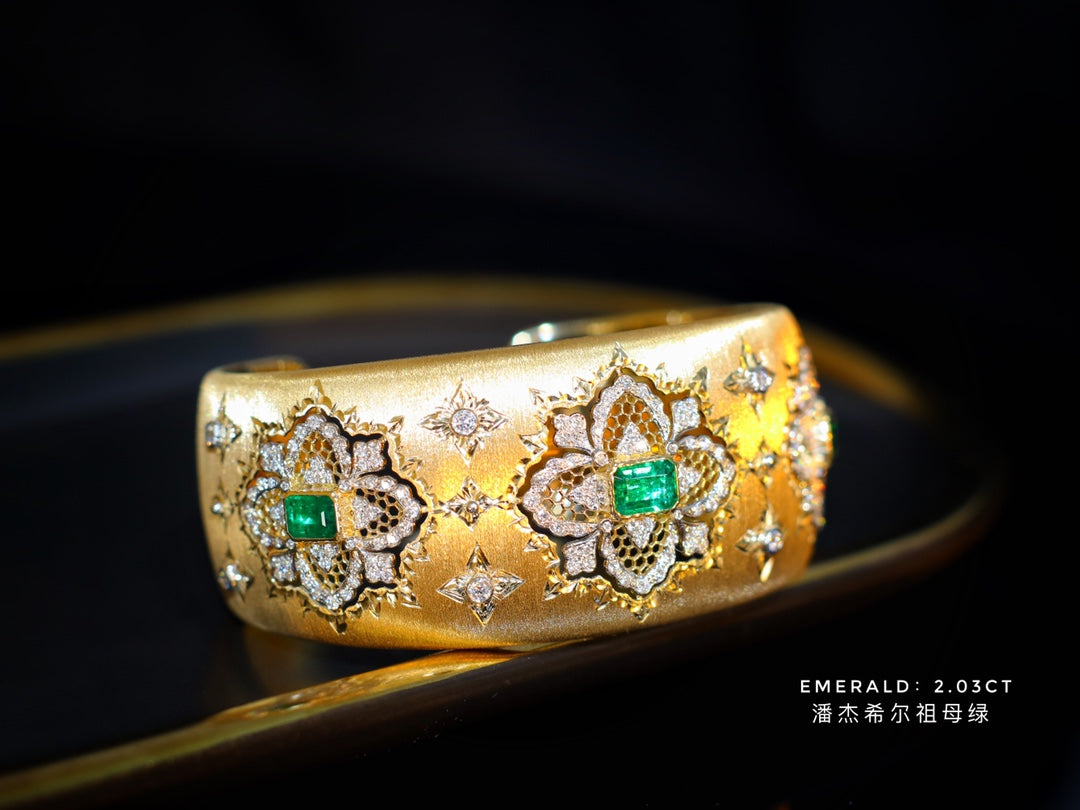 Luxurious Buccellati-Style Wide Band Emerald Jewelry - Warton Green Panjshir Bracelet