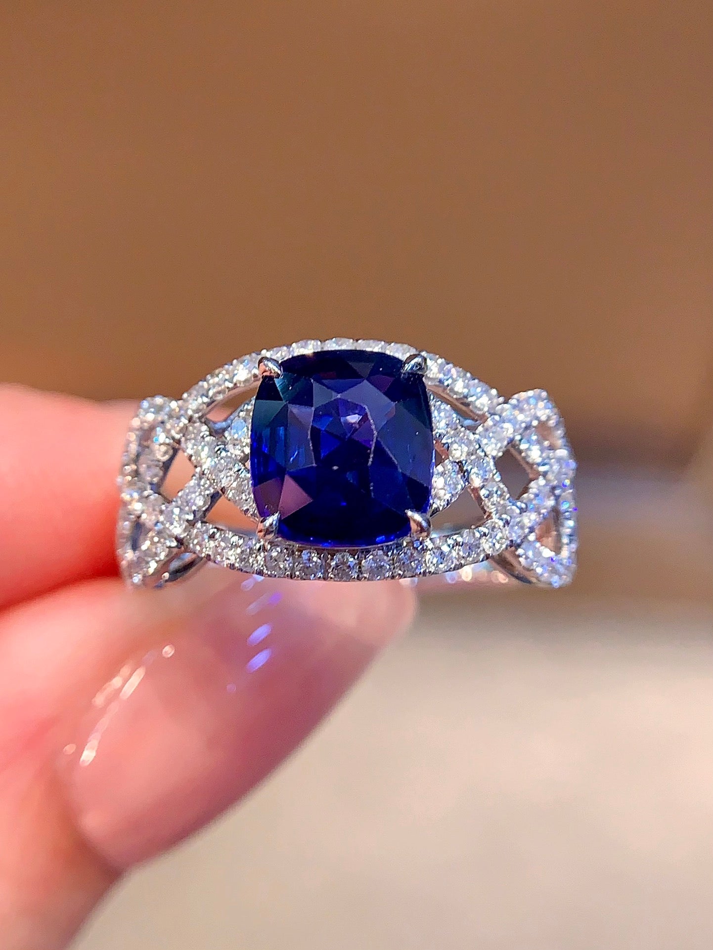 Exquisite Openwork Wide Band Ring with Natural Sapphire - Jewelry