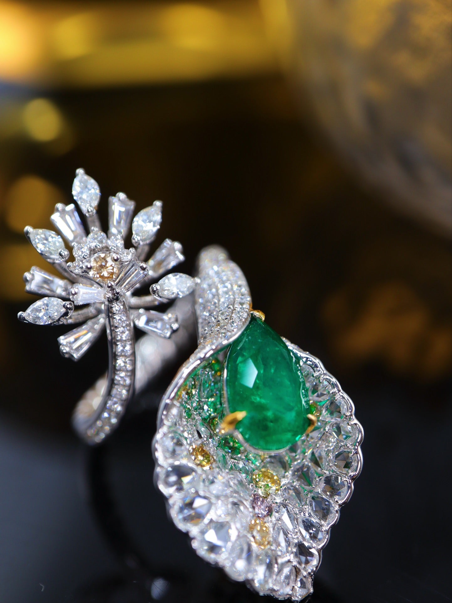 Emerald and Diamond Ring with Lotus Petal Design - Fine Jewelry