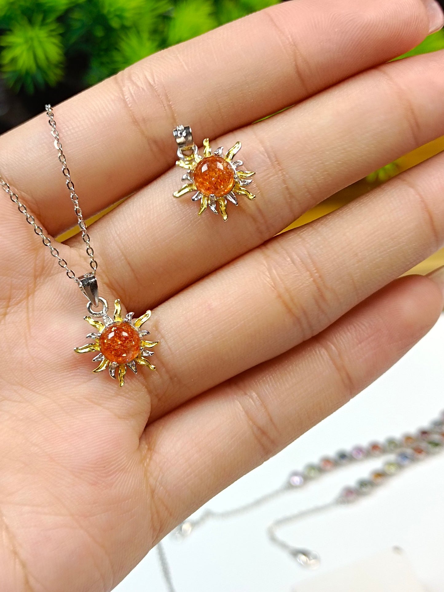 S925 Silver Embedded Sunstone "Sunflower" Jewelry Set