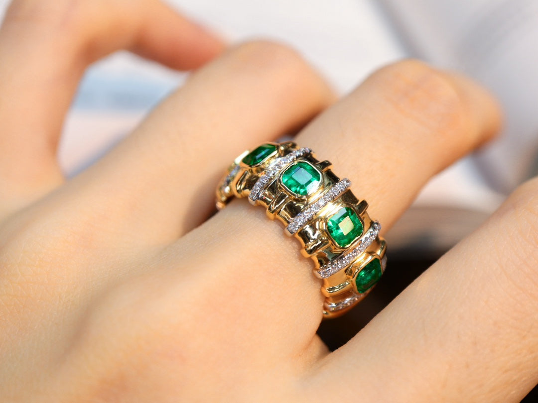 Vintage-Inspired Emerald Cluster Ring with Guild Certificate