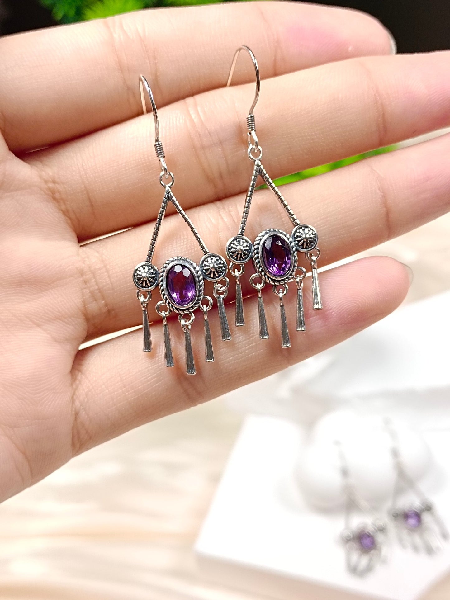 S925 Silver Embedded Amethyst Tassel Earrings - Vintage Style Jewelry