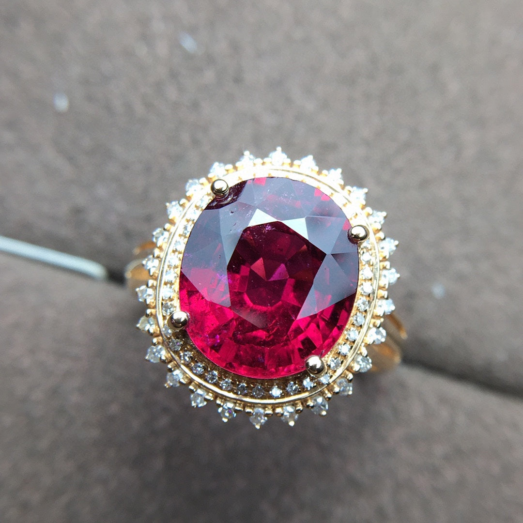 18K Gold Natural Tourmaline Ring with South African Diamonds - Elegant Jewelry