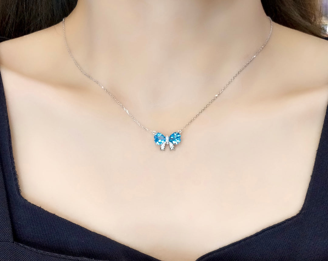 Exquisite Heart-Shaped Bowknot Jewelry with Swiss Blue Topaz and Diamonds