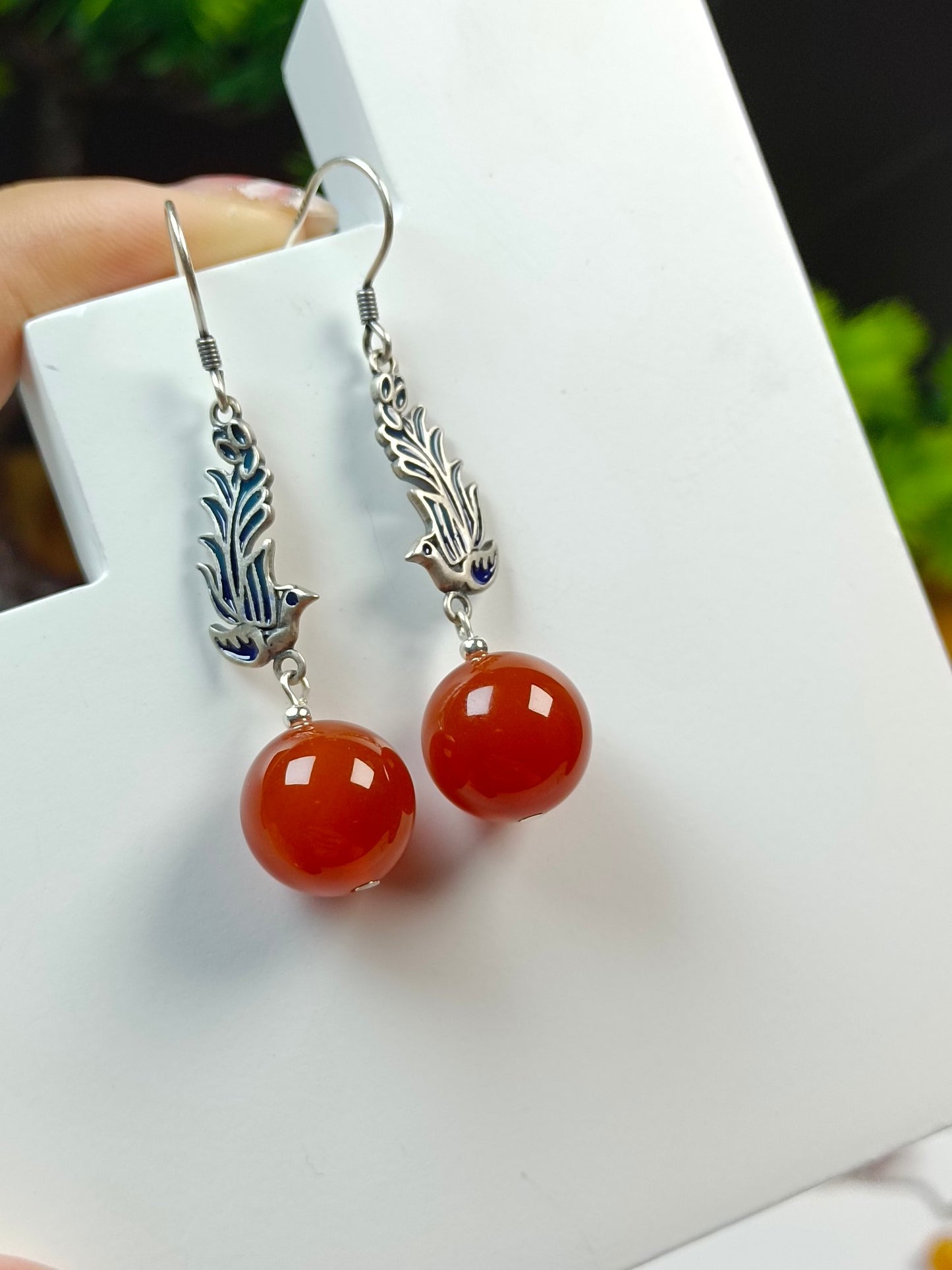 Original Design Chinese Style Antique S925 Silver "Phoenix Ascending" Cloisonné Red Agate Bead Earrings - Jewelry